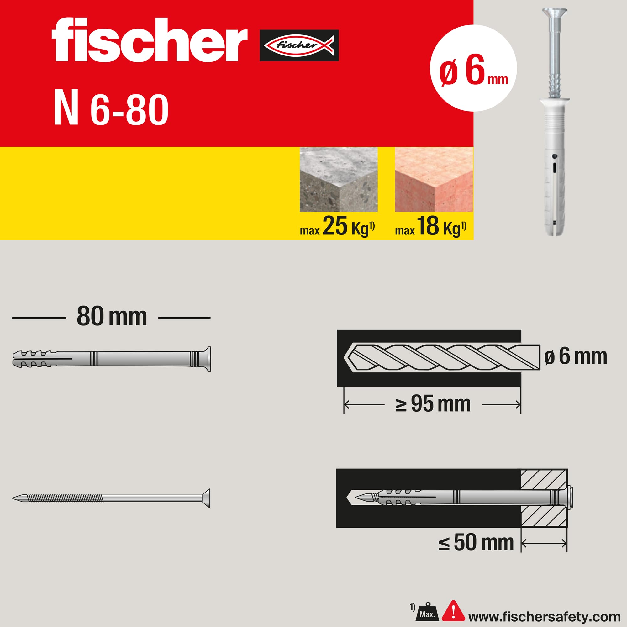 Fischer N 6x80 Y tasselli a battere con chiodo 25 pezzi