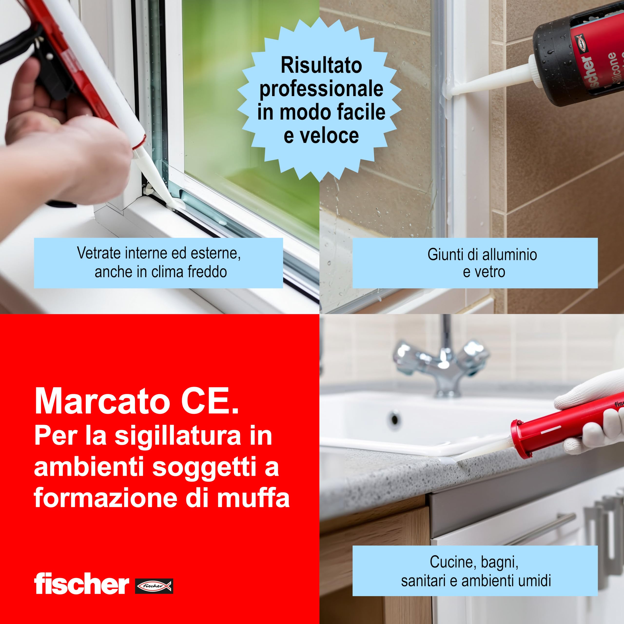 Fischer SAM Silicone Acetico Trasparente Antimuffa 3x280 ml