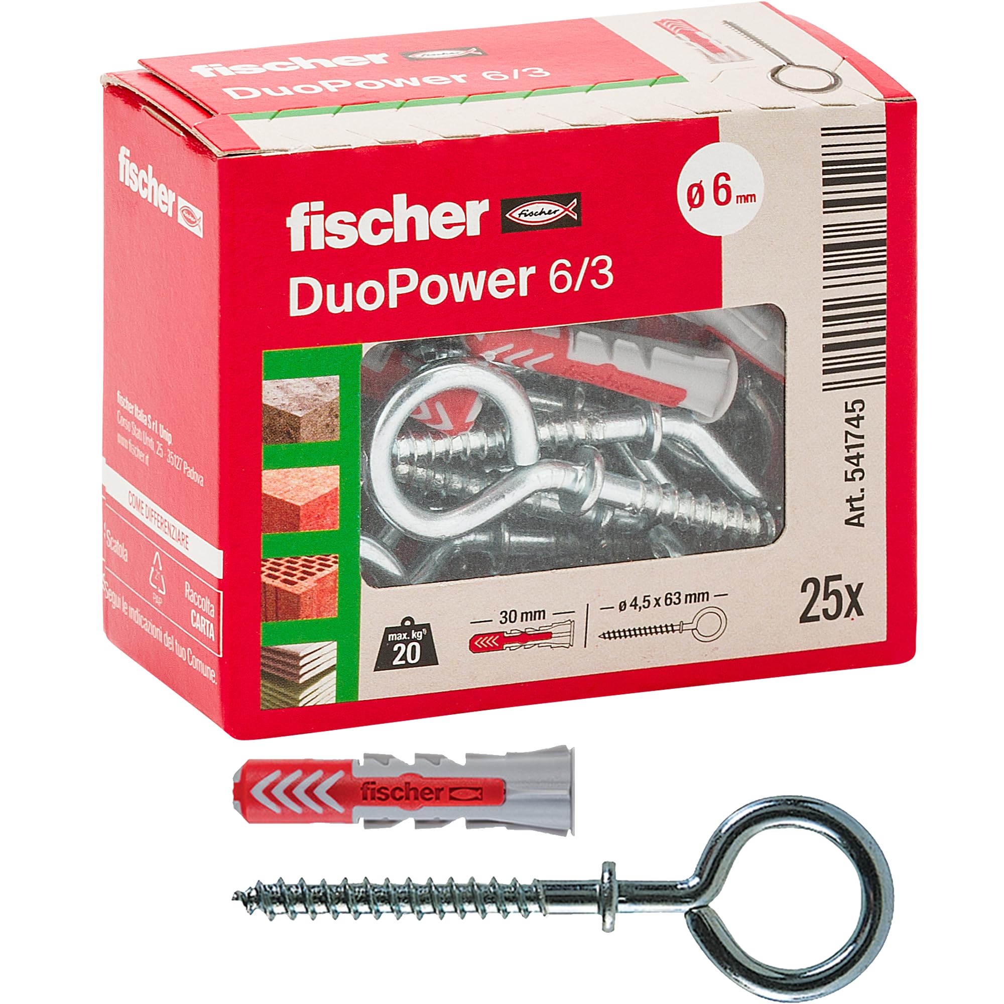 Fischer DuoPower 541746 tassello con gancio corto 6x30 25 pezzi