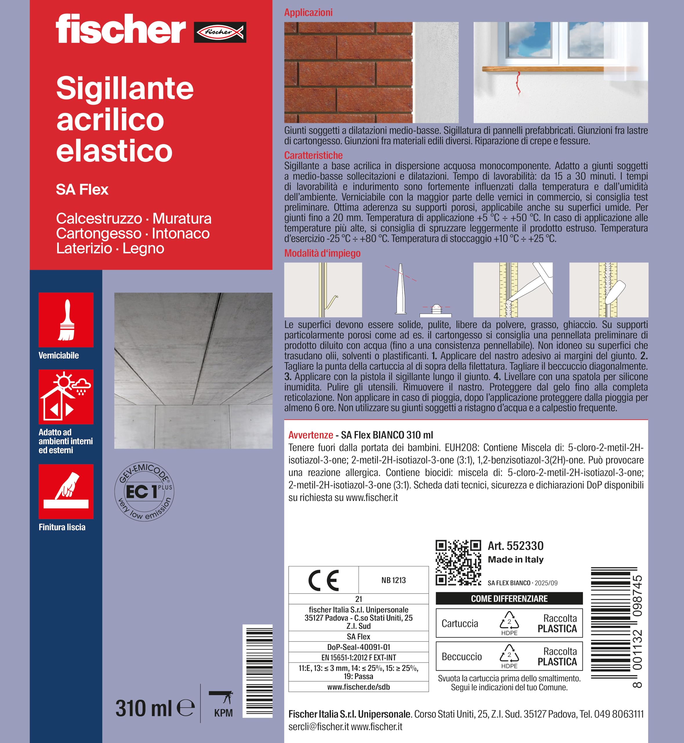 Fischer SA Flex Bianco Sigillante Acrilico 310 ml Verniciabile