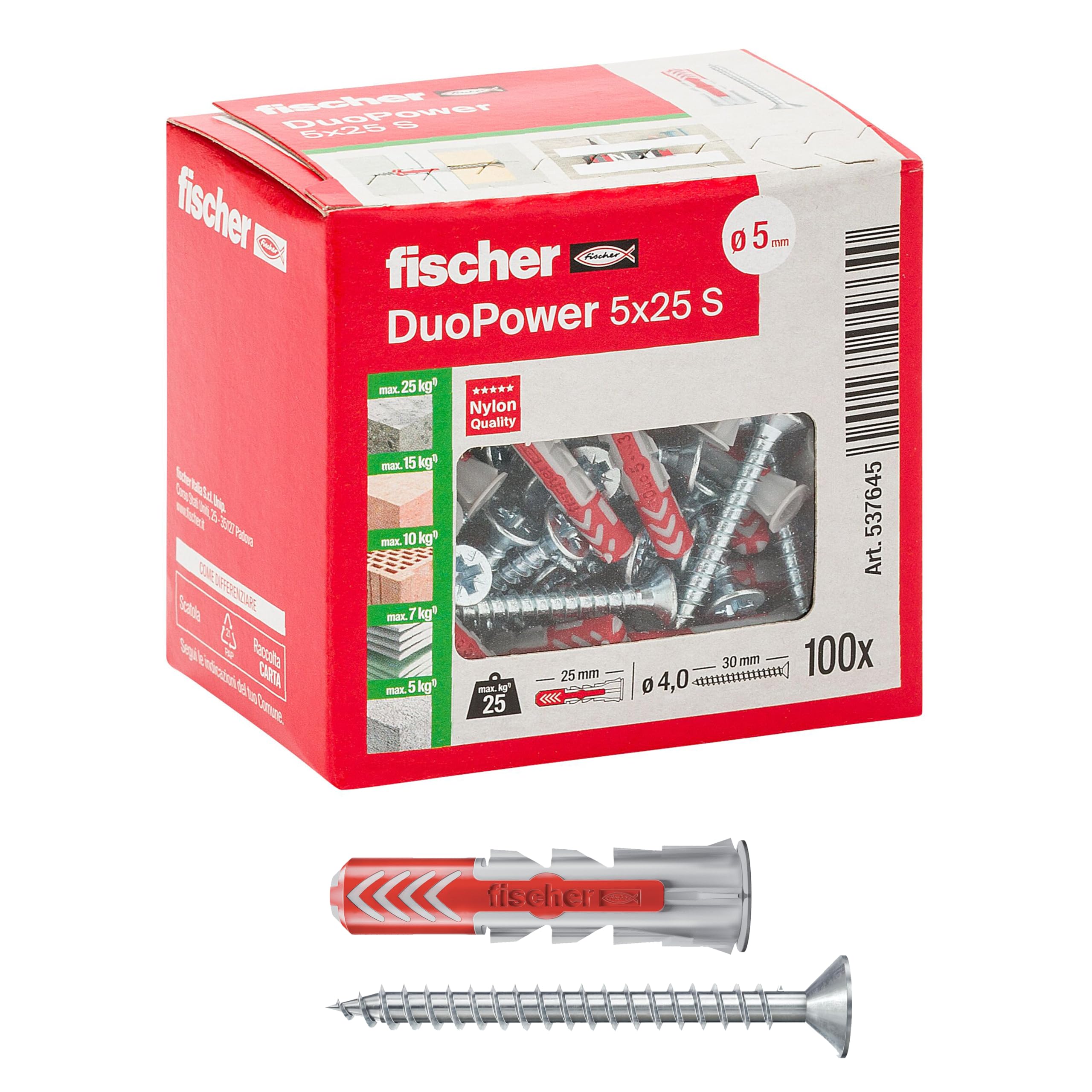 Fischer DuoPower 5x25 Tasselli con Vite 100 Pz Muro