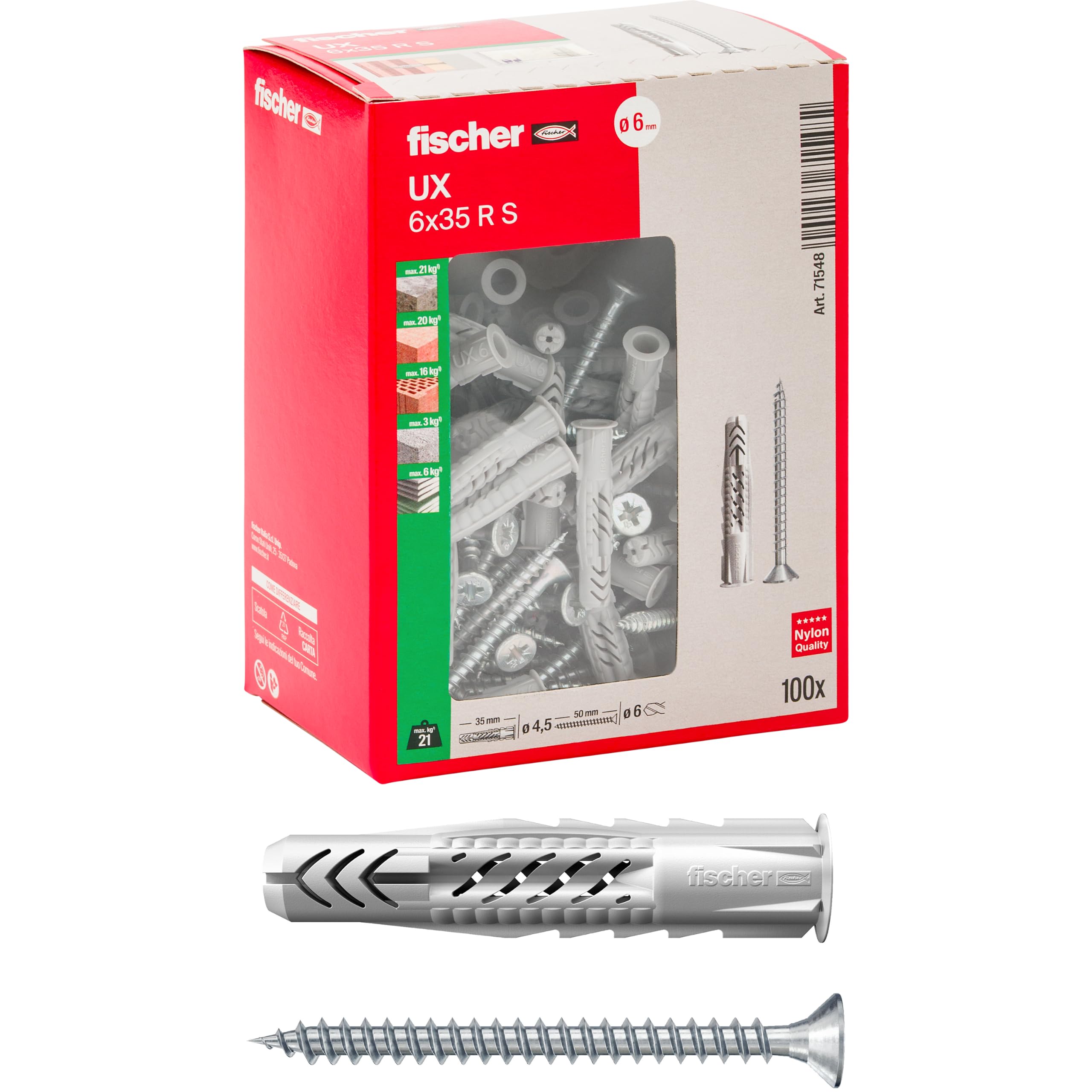 Fischer UX 6x35 R S Tasselli Universali con Vite 100 Pezzi