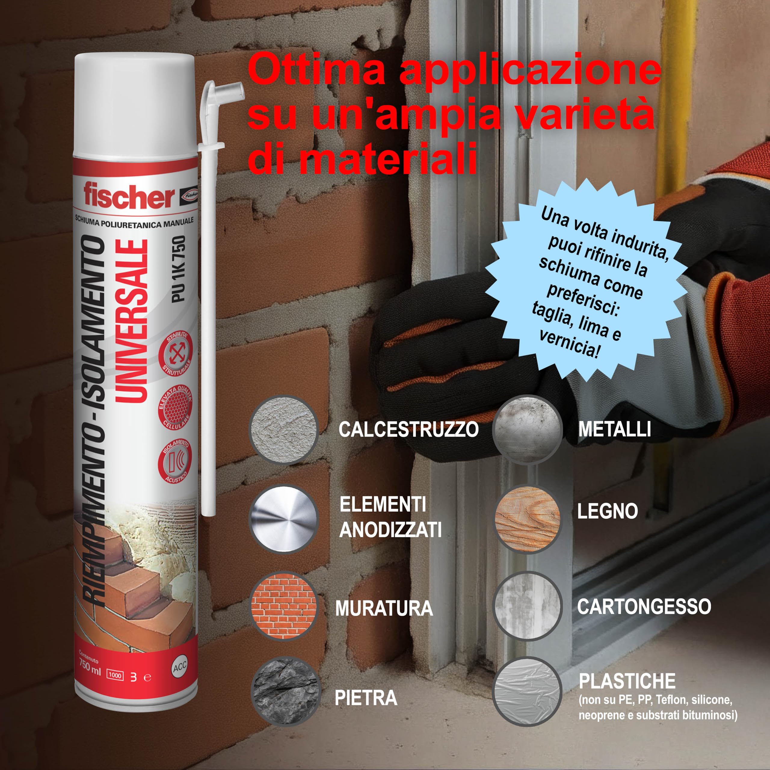 Fischer Bi-Pack schiuma poliuretanica PU 1K 2x750 ml con erogatore