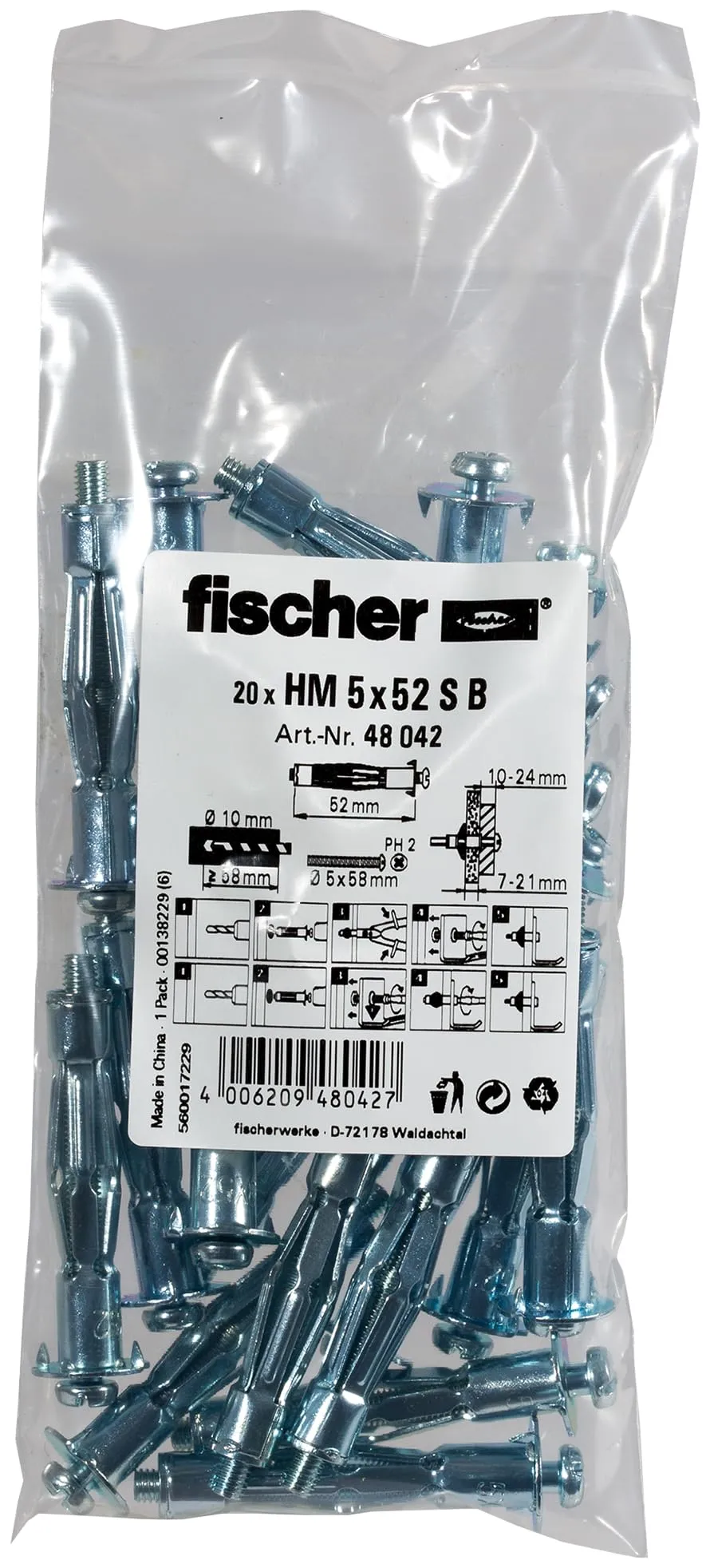 Fischer HM 5x52 S Tasselli Metallo 20 Pz Pannelli