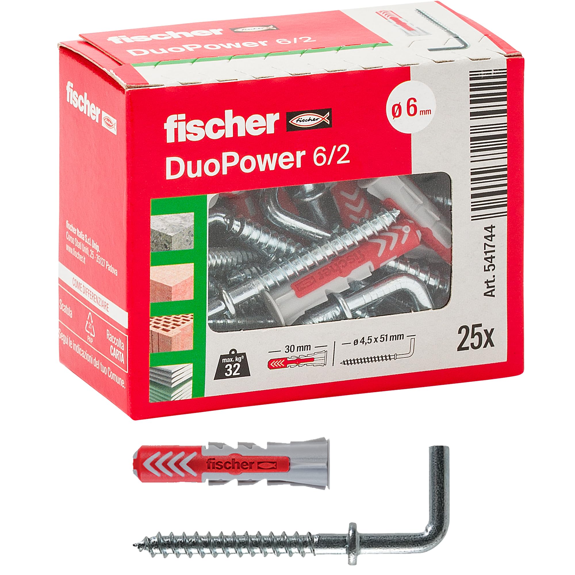 Fischer DuoPower 541746 tassello con gancio corto 6x30 25 pezzi