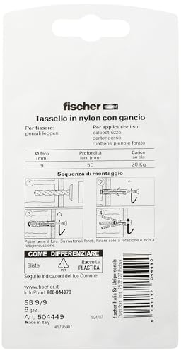 fischer SB 9 tasselli gancio piatto 6 pz muro