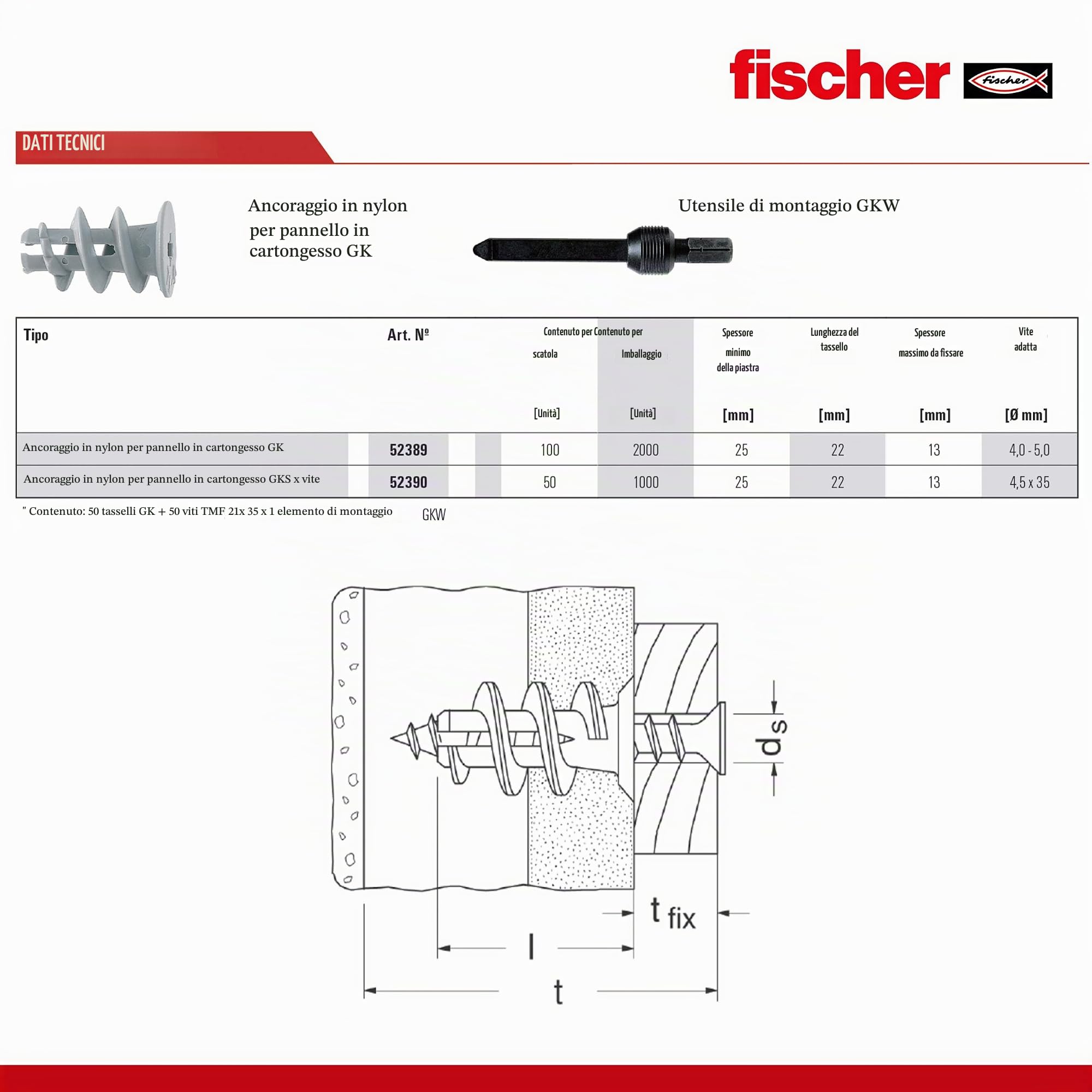 Fischer GK S Tassello Cartongesso con Vite 50 Pz Nylon