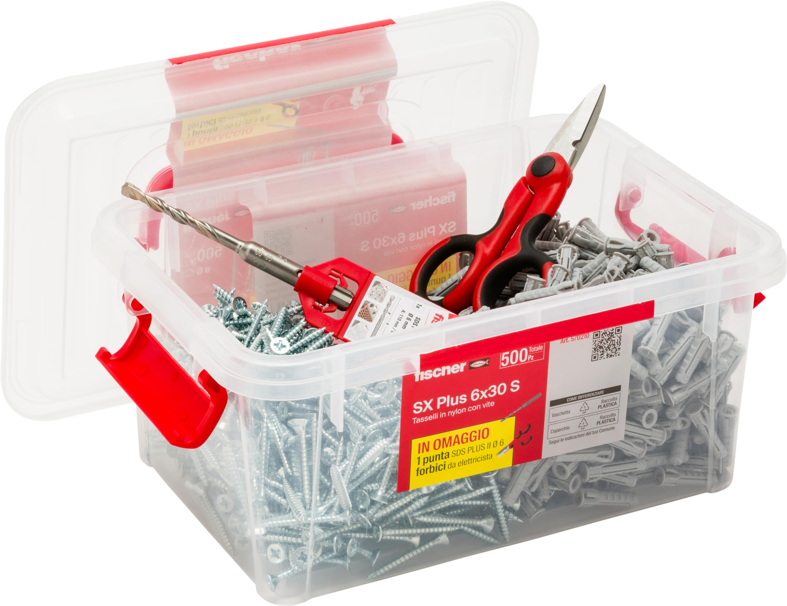 Fischer SX Plus tasselli 6mm con viti kit 500 pezzi + punta