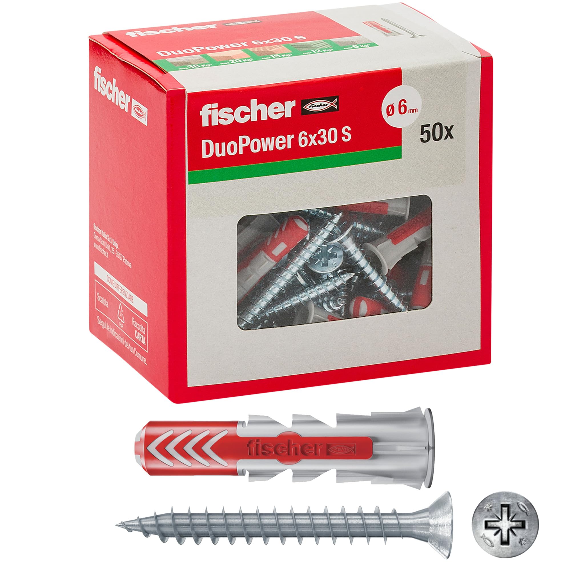 Fischer DuoPower 6x30 Tasselli con Vite 50 Pezzi