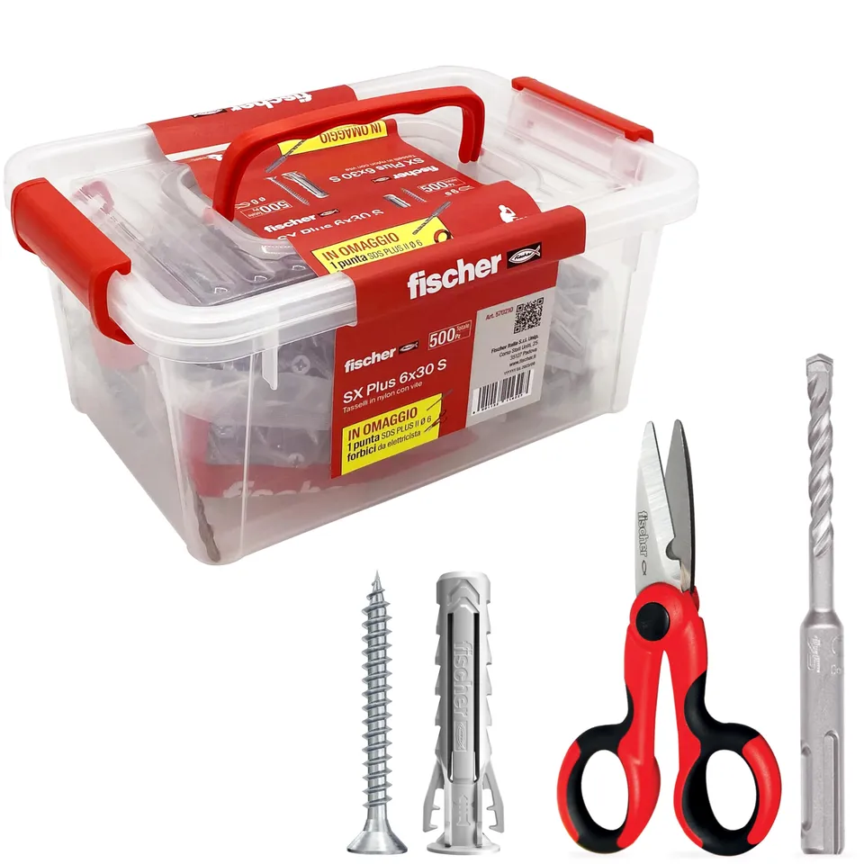 Fischer SX Plus tasselli 6mm con viti kit 500 pezzi + punta