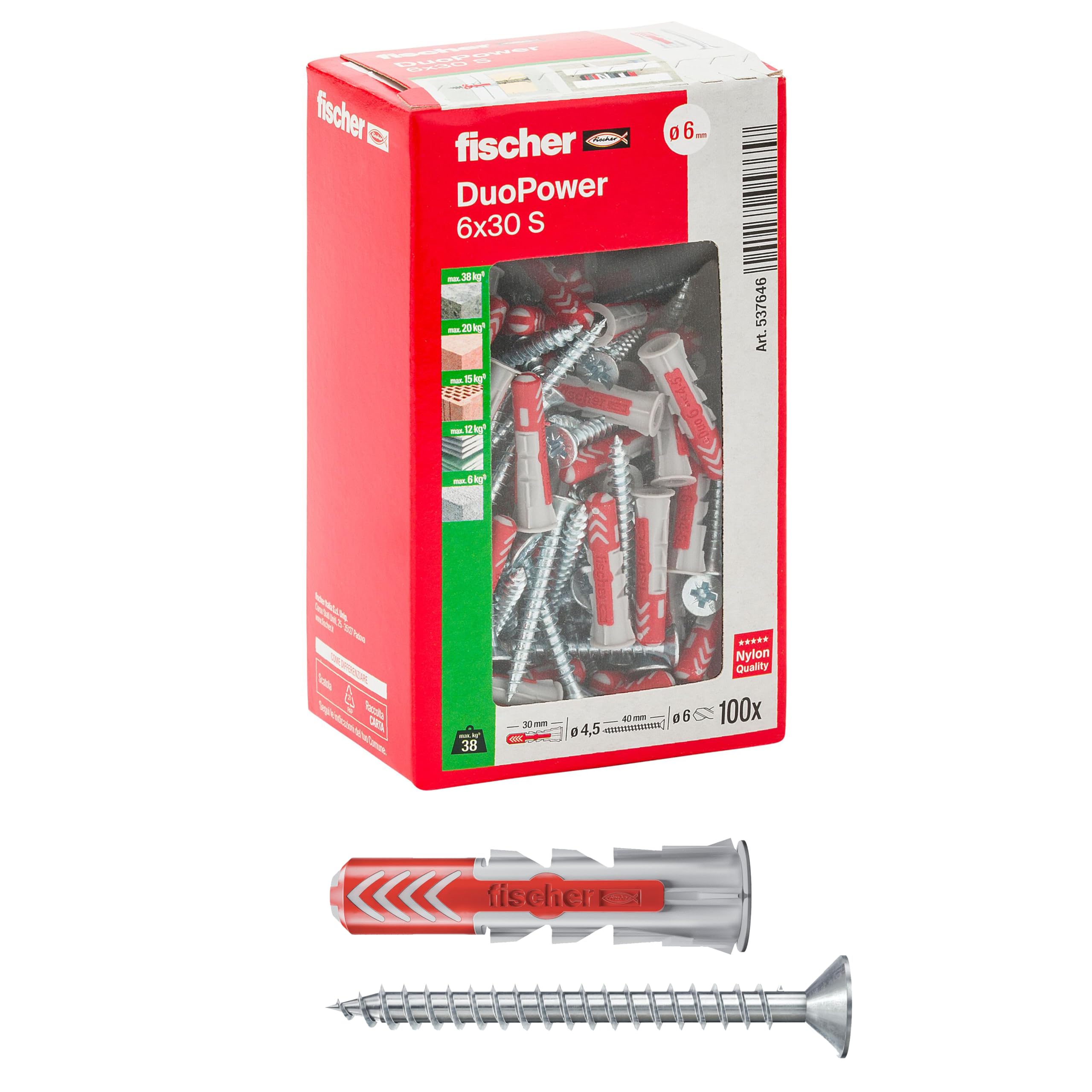 Fischer DuoPower 5x25 Tasselli con Vite 100 Pz Muro