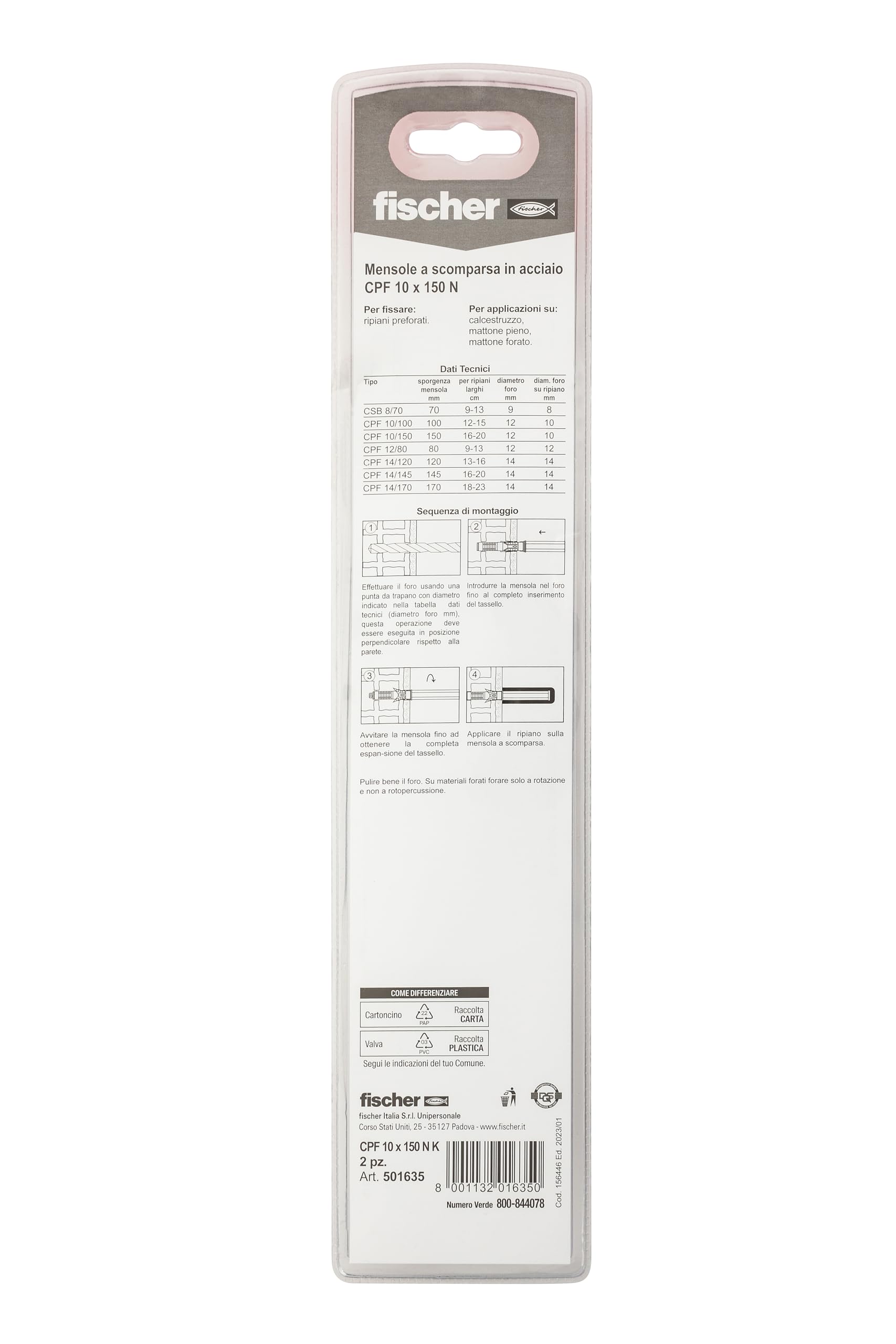 fischer CPF 10x150 K reggimensola scomparsa 2 pz legno