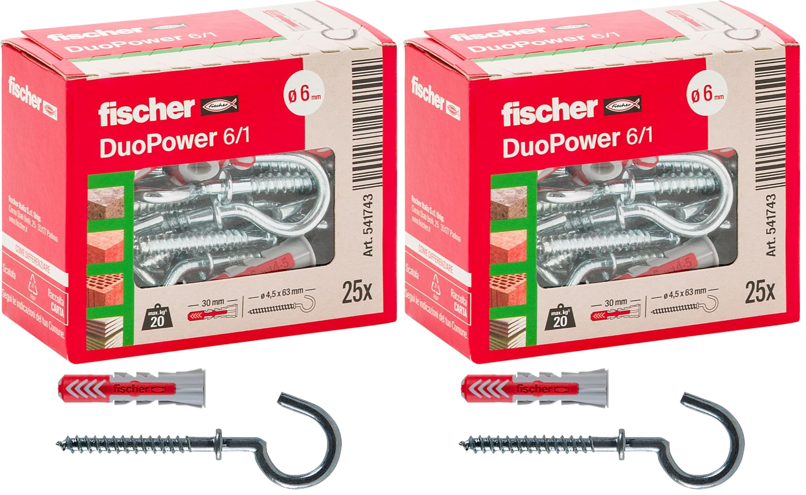 Fischer DuoPower 541746 tassello con gancio corto 6x30 25 pezzi