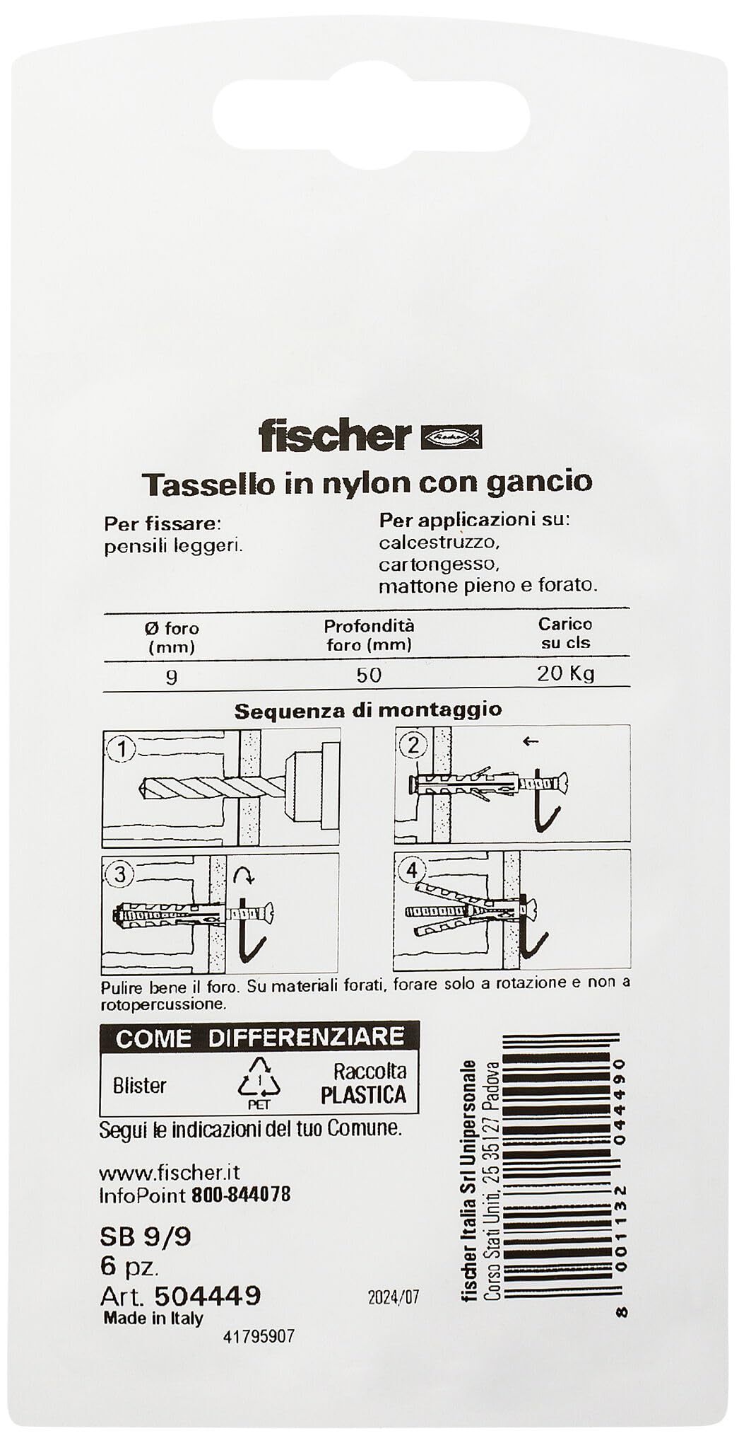 fischer SB 9 tasselli gancio piatto 6 pz muro