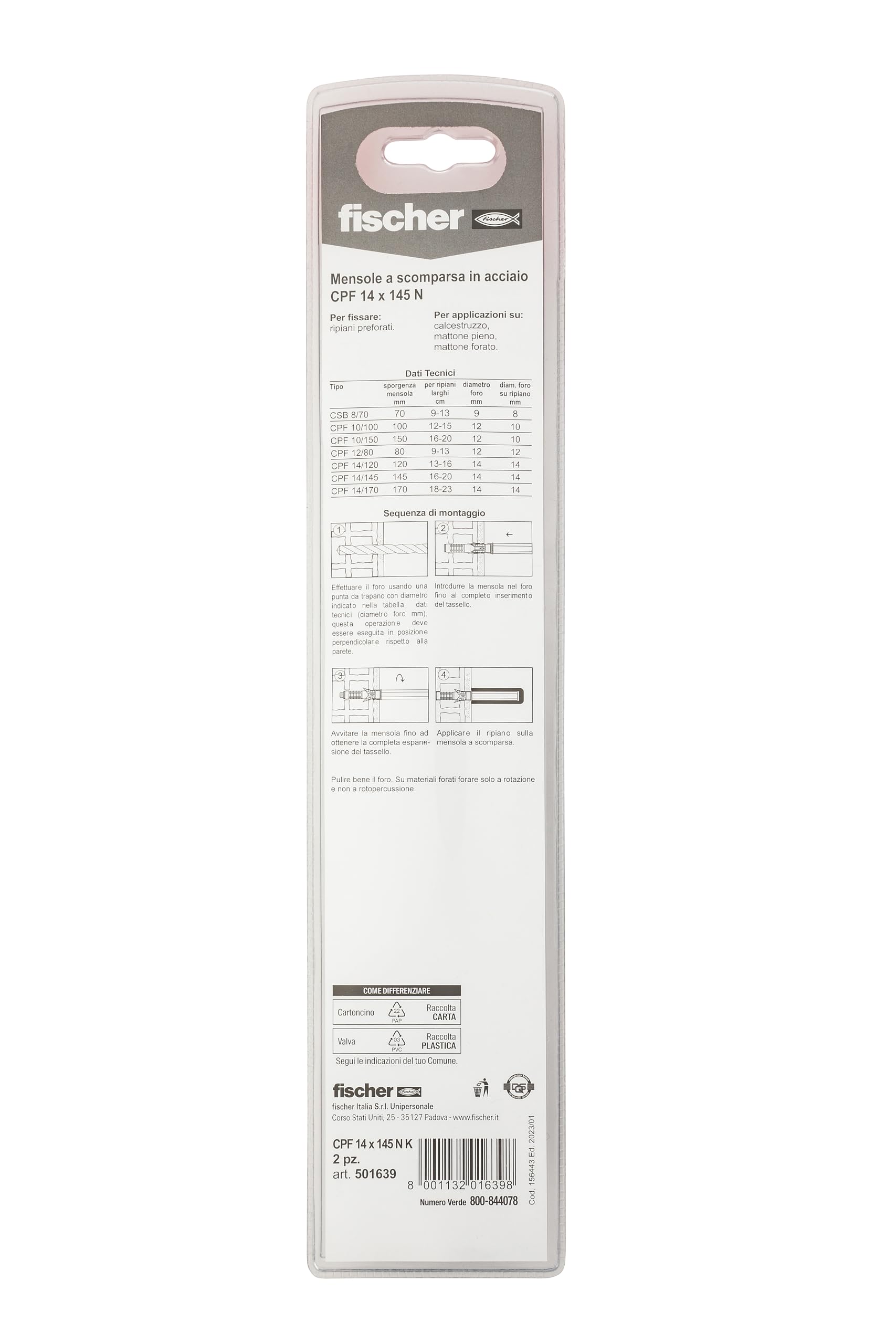 Fischer CFP 14x145 K reggimensola scomparsa 2 pz