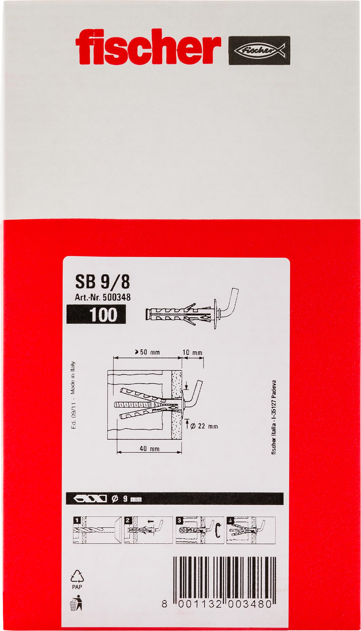 Fischer Solar SB 9 Tasselli con Gancio Corto 9x40 mm
