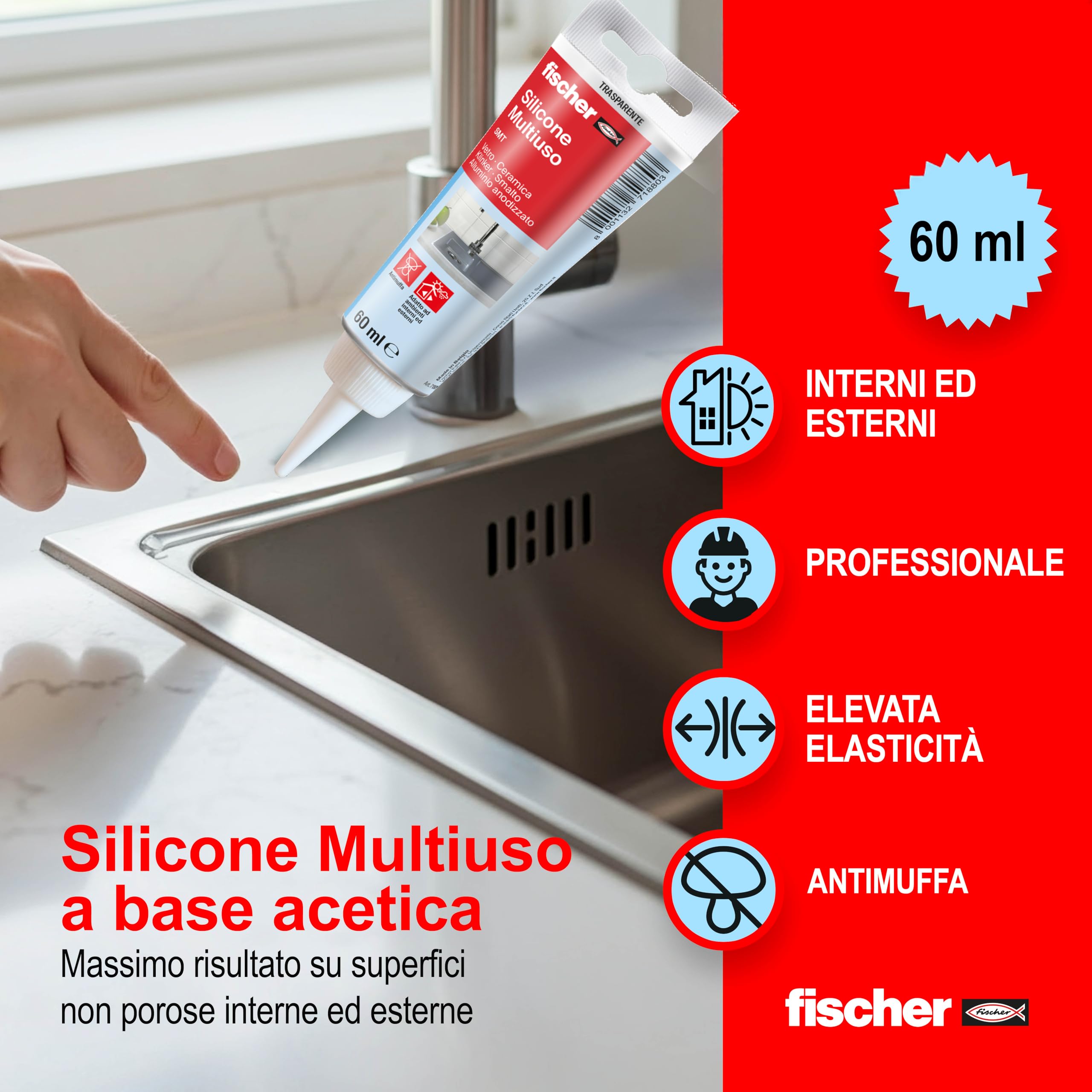 Fischer SMT silicone sigillante trasparente antimuffa 60 ml vetro