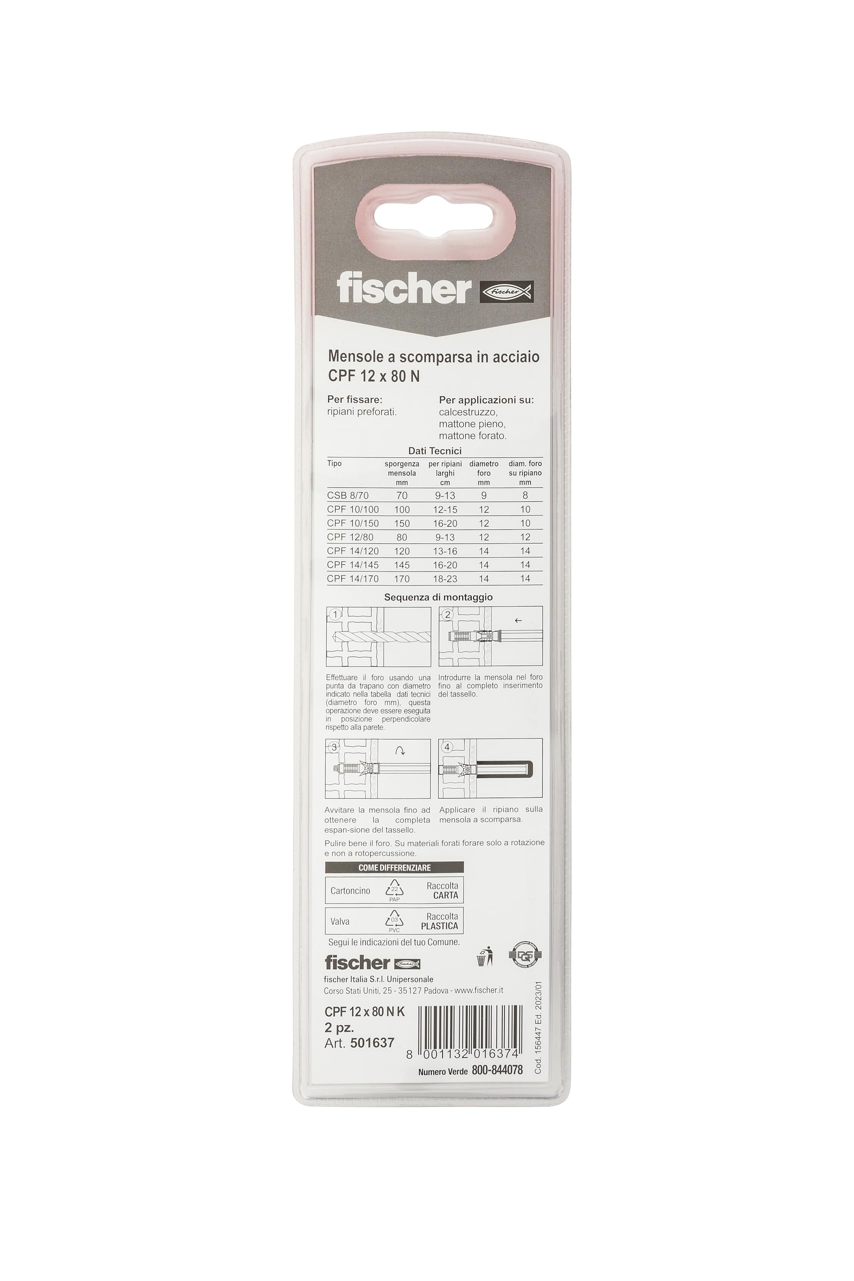Fischer CFP 12x80 reggimensola a scomparsa 2 pezzi 80 mm