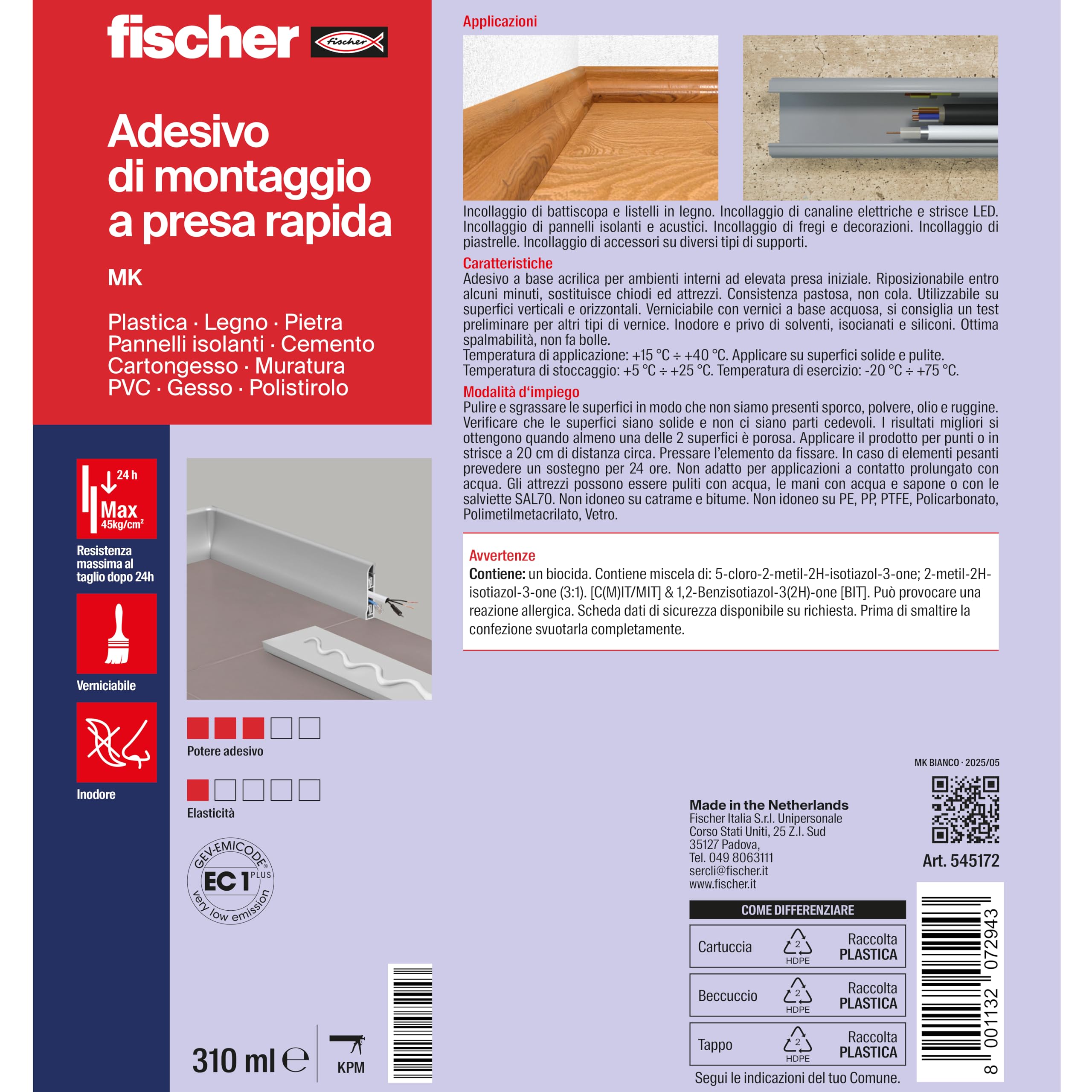 Fischer MK colla di montaggio a presa rapida 310 ml per battiscopa
