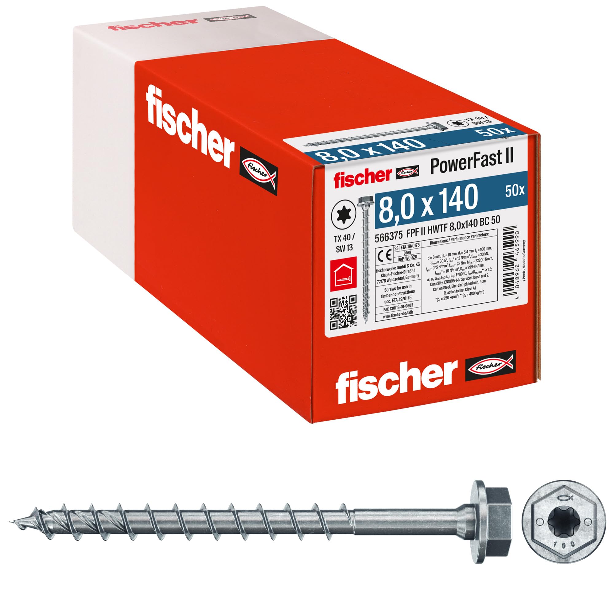 Fischer PowerFast FPF II 8,0x80 Viti Legno 50 Pz testa larga