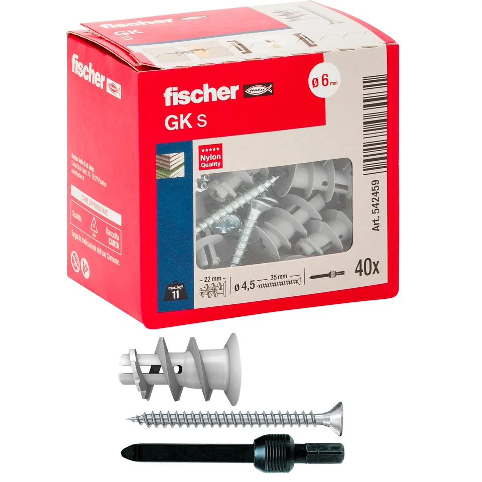 Fischer GK Tasselli Cartongesso con Vite 40 Pz Senza Trapano