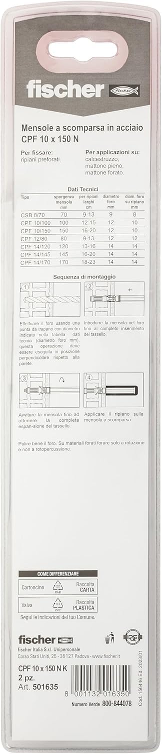 Fischer CPF 14x145 reggimensola a scomparsa 20 pezzi