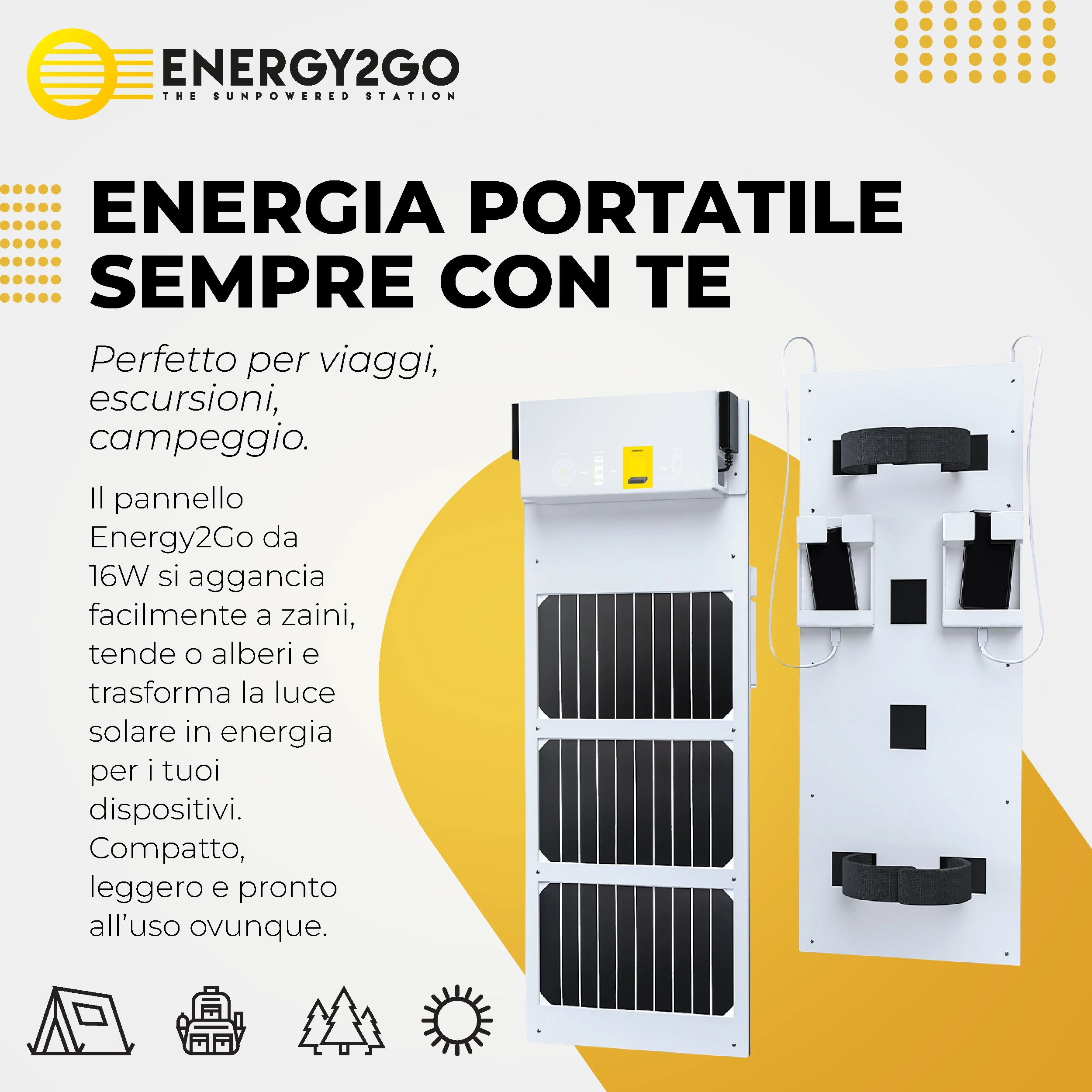 ENERGY2GO pannello solare 16W ricarica smartphone 2 USB outdoor