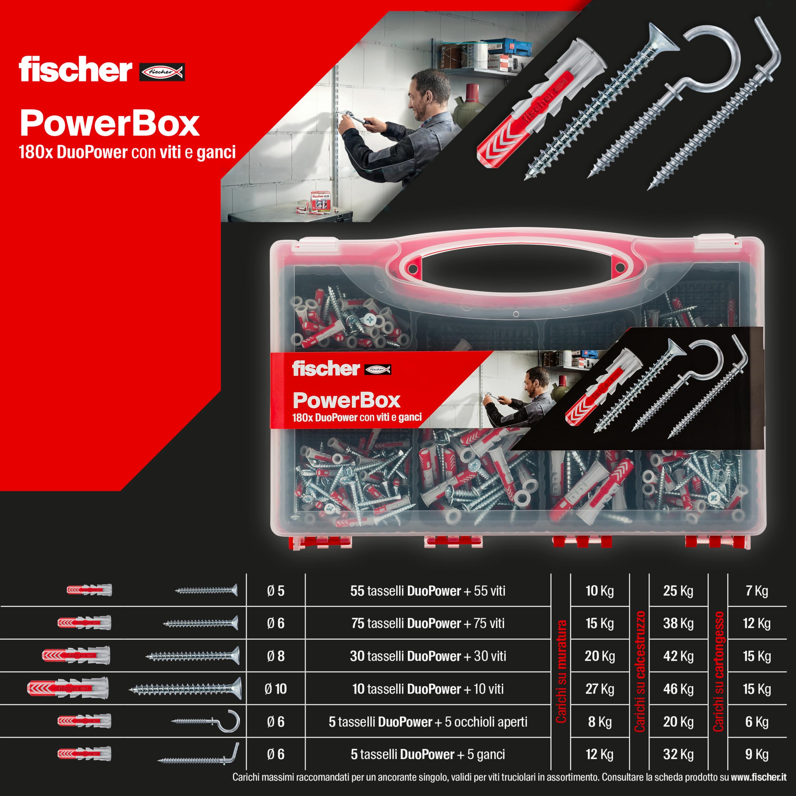 Fischer PowerBox 180 tasselli DuoPower viti e ganci 360 pz
