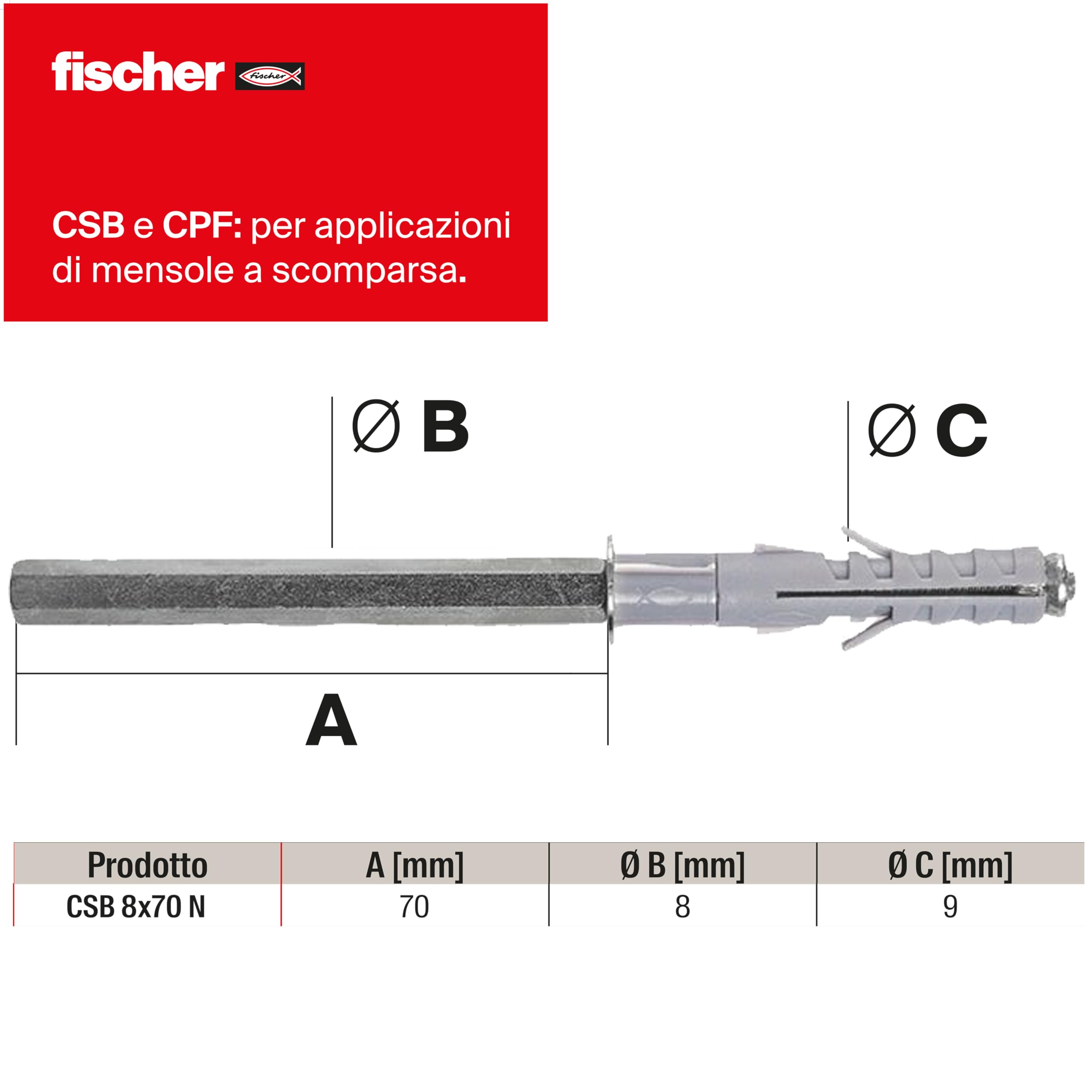 Fischer CSB 8x70 K reggimensola scomparsa 2 pz