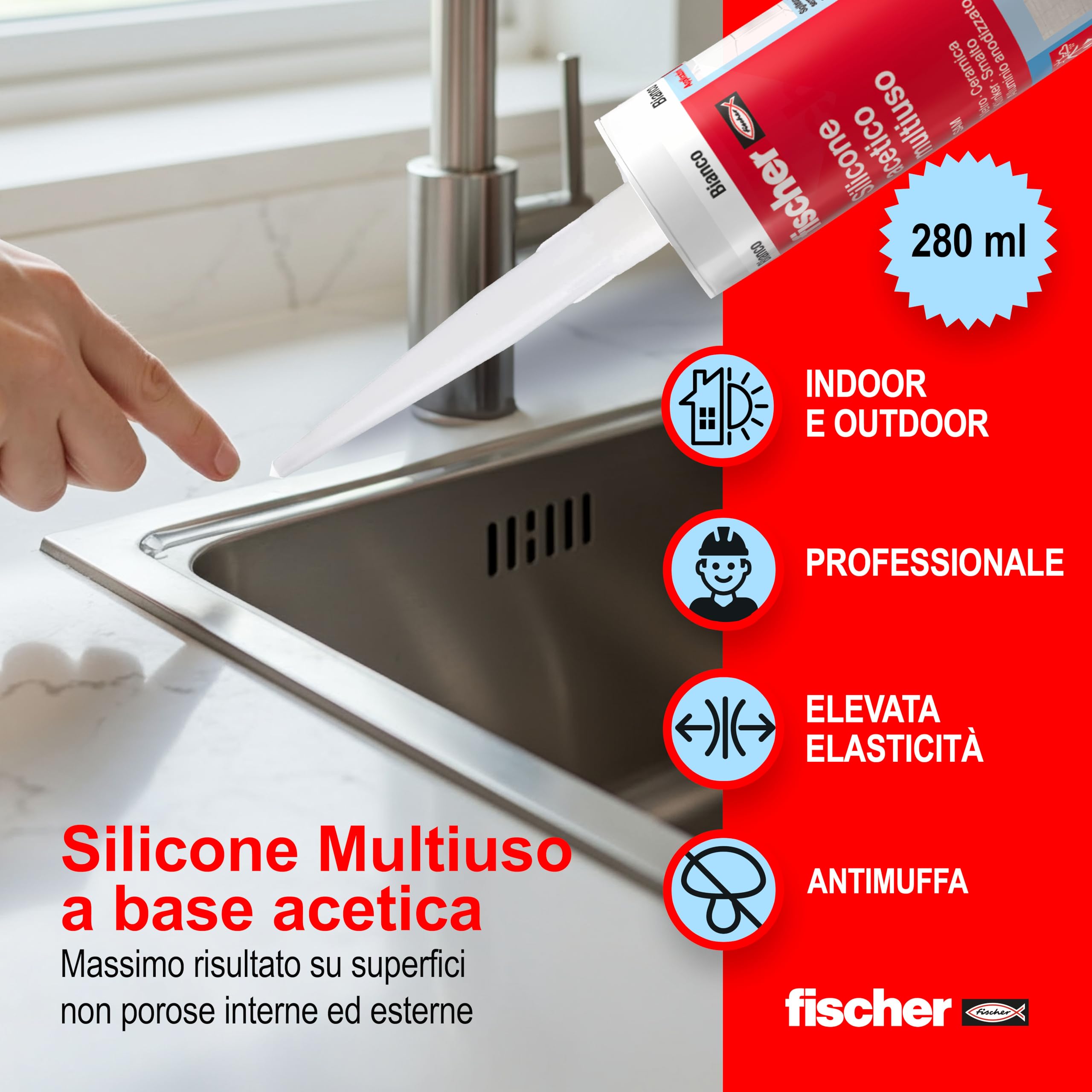 Fischer SAM Silicone Acetico Trasparente Antimuffa 3x280 ml