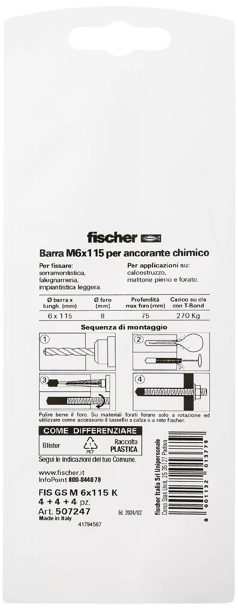 Fischer FIS GS Barre Filettate M6x110 4 Pz ancorante chimico