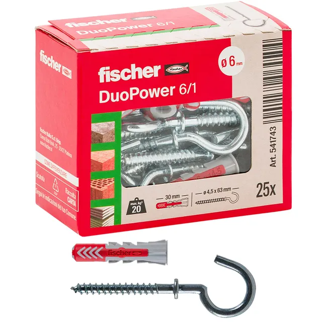 Fischer DuoPower 6x30 Tassello Universale Occhiolo Aperto 25 Pz