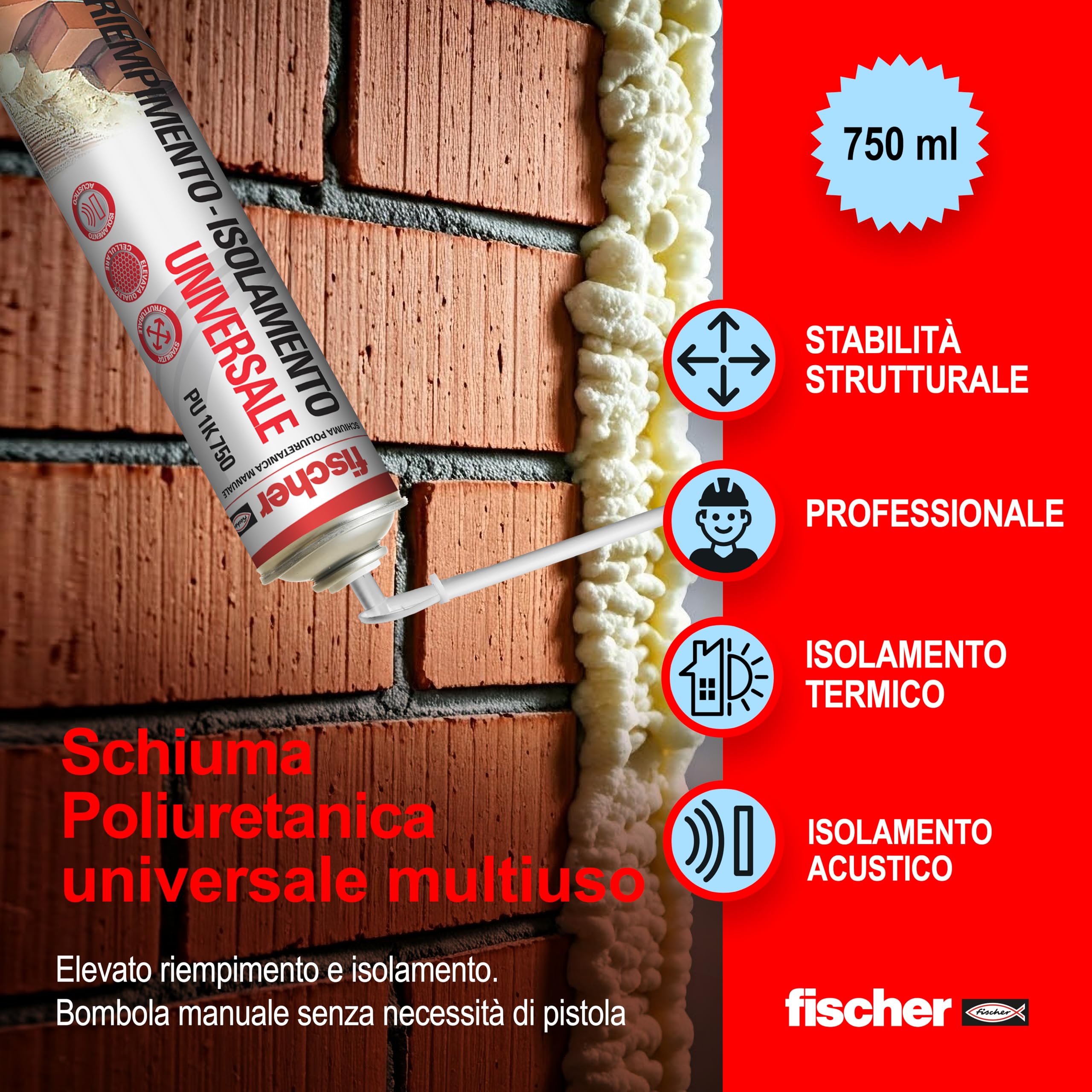 Fischer Bi-Pack schiuma poliuretanica PU 1K 2x750 ml con erogatore
