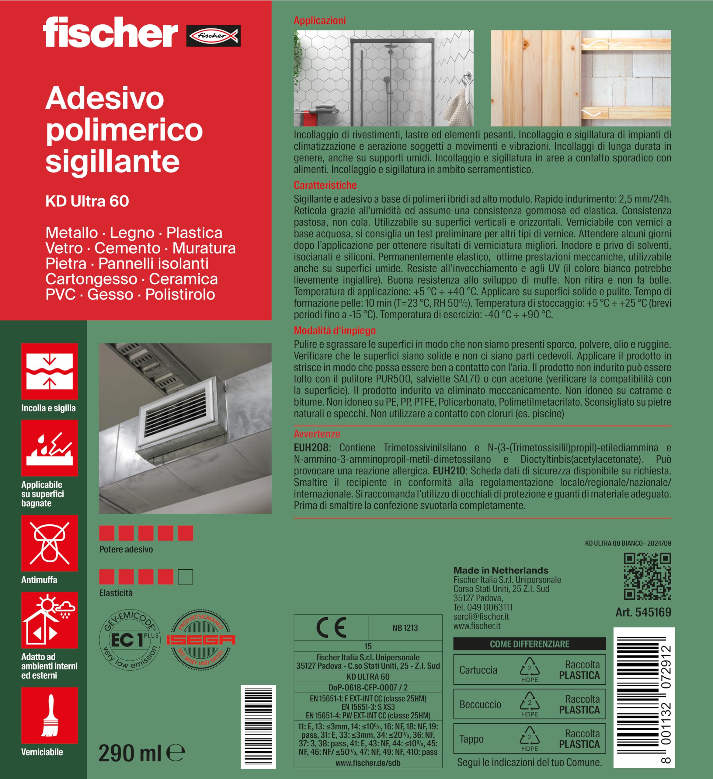 Fischer KD Ultra 60 adesivo sigillante bianco 290 ml