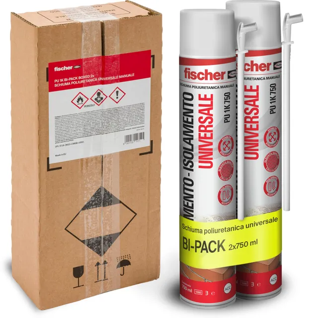 Fischer Bi-Pack schiuma poliuretanica PU 1K 2x750 ml con erogatore