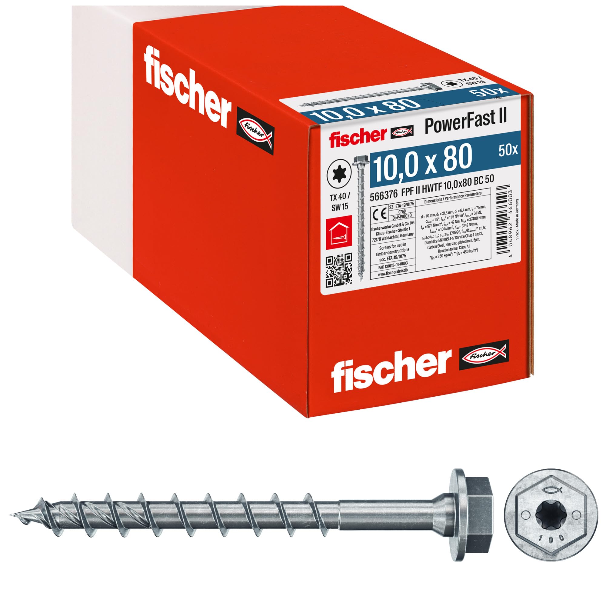Fischer PowerFast FPF II 8,0x80 Viti Legno 50 Pz testa larga