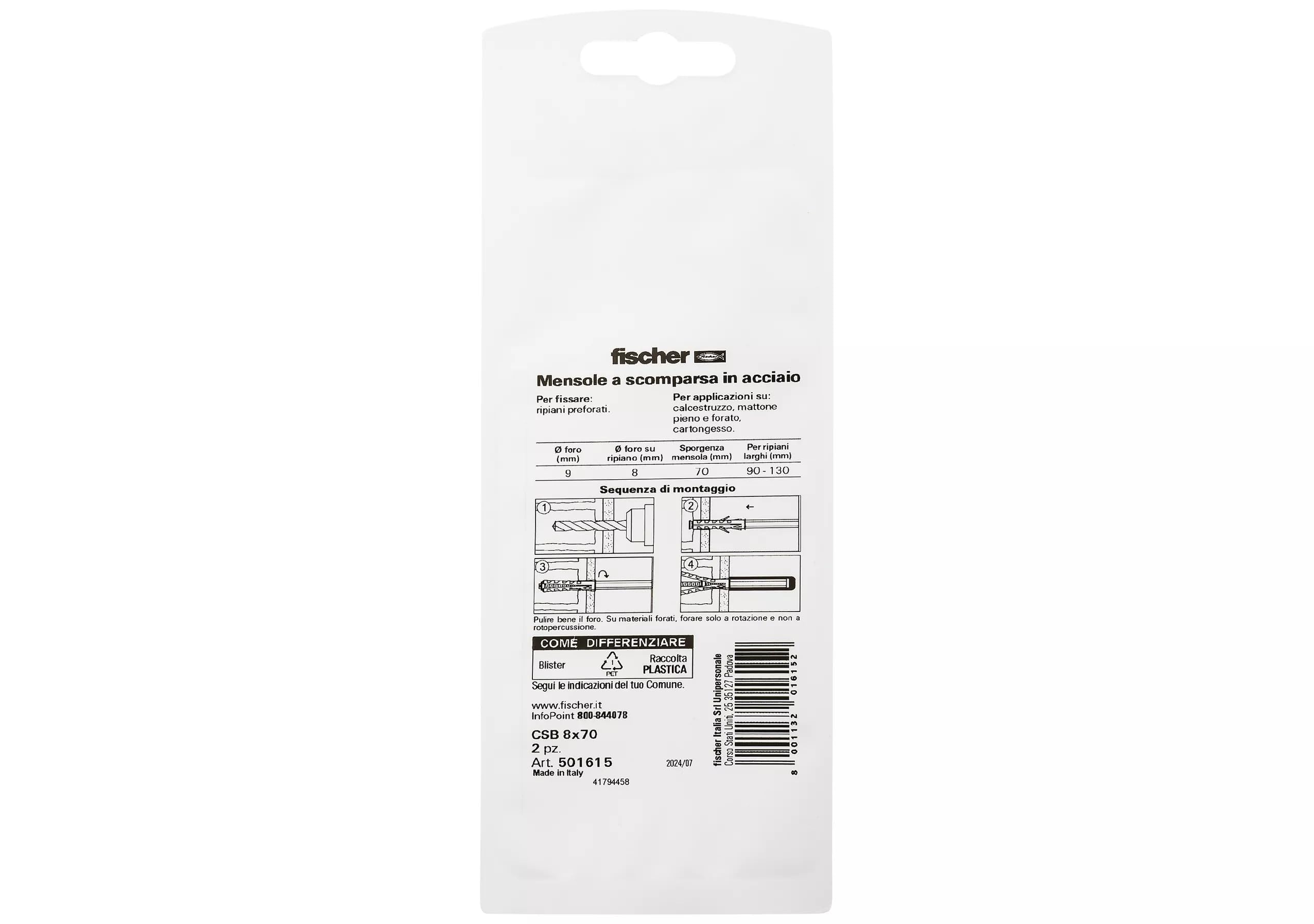 Fischer CSB 8x70 K reggimensola scomparsa 2 pz