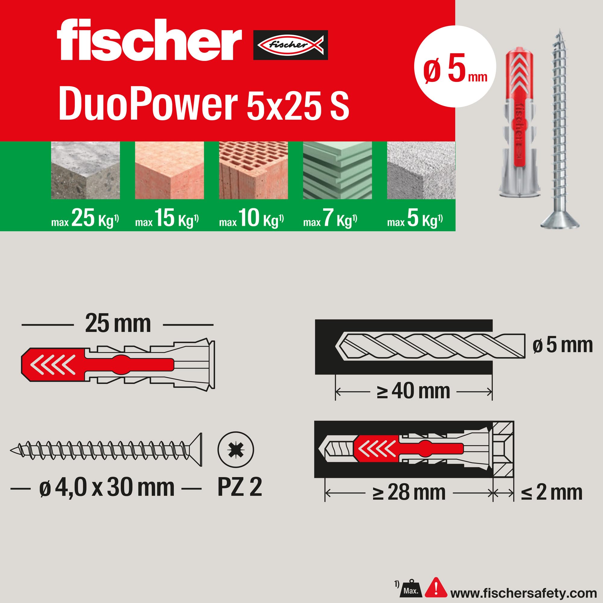 Fischer DuoPower 5x25 Tasselli con Vite 100 Pz Muro