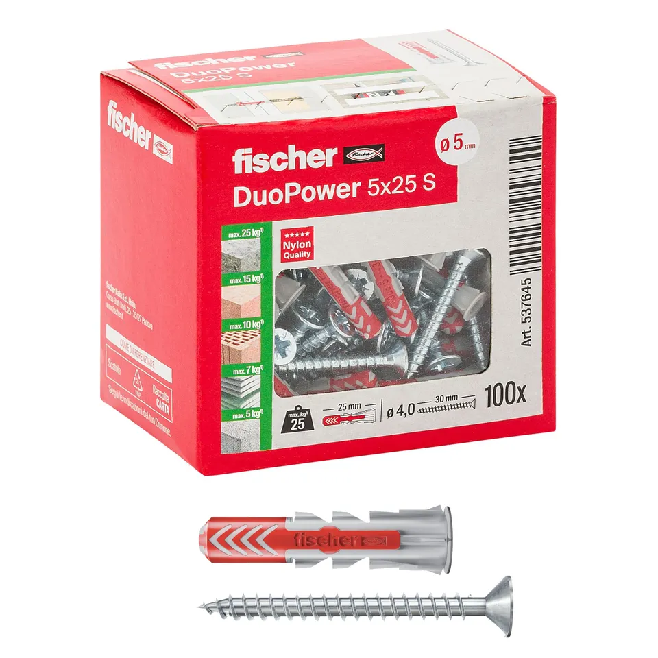 Fischer DuoPower 5x25 Tasselli con Vite 100 Pz Muro