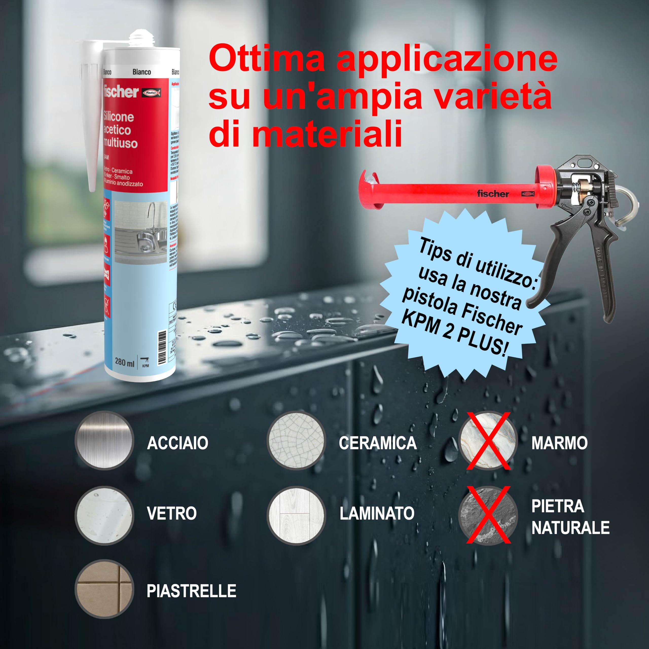 Fischer SAM Silicone Acetico Trasparente Antimuffa 3x280 ml