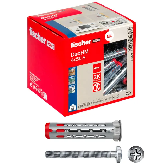 Fischer DuoHM M4x55 Tassello Cartongesso Metallo Nylon 25 Pz