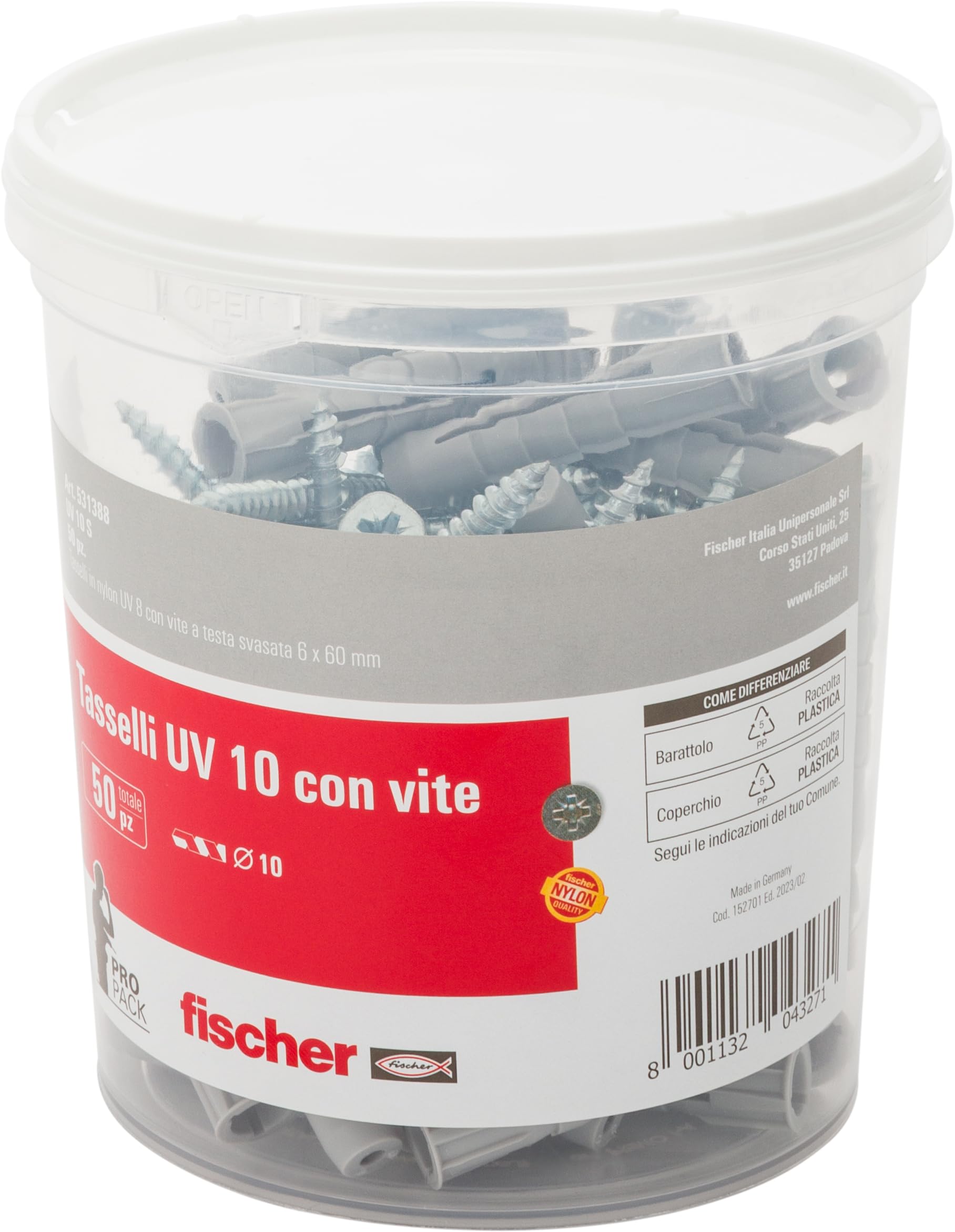 Fischer UV 10 S tasselli con vite 50 pz 10x50 per mattoni