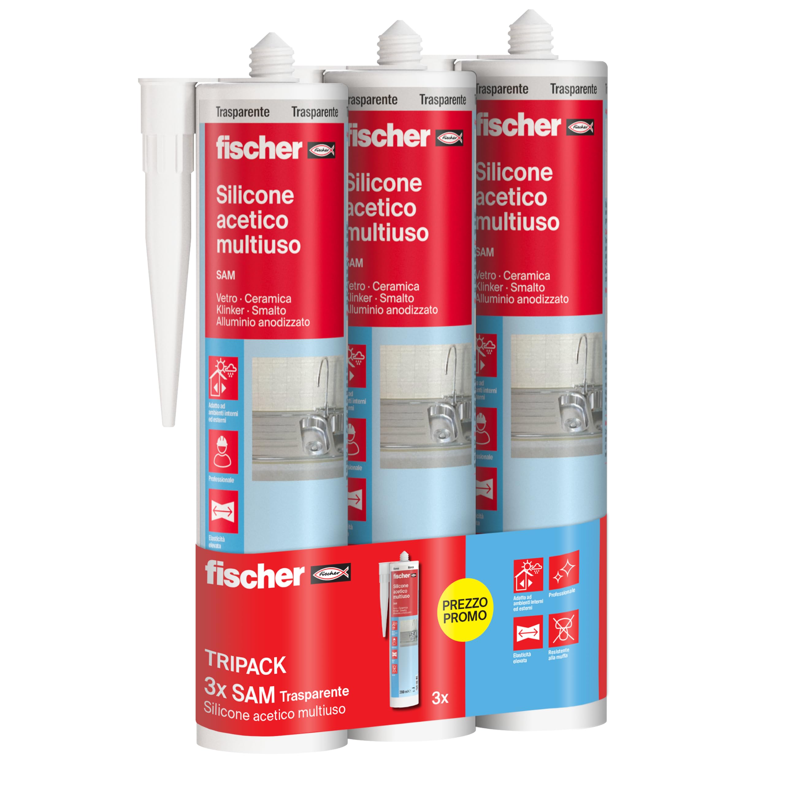 Fischer SAM Silicone Acetico Trasparente Antimuffa 3x280 ml