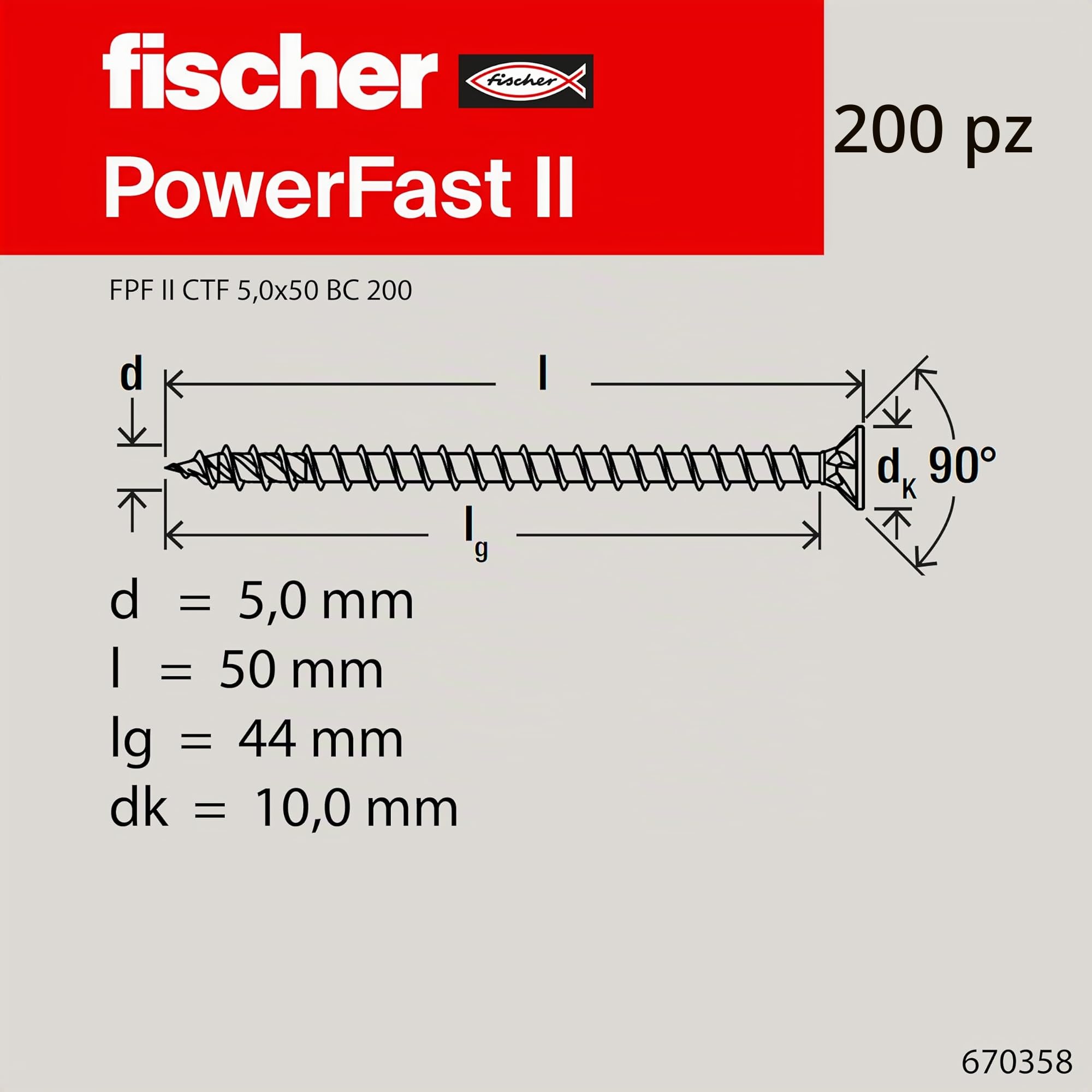 Fischer PowerFast II 5,0x50 viti legno 200 pezzi torx