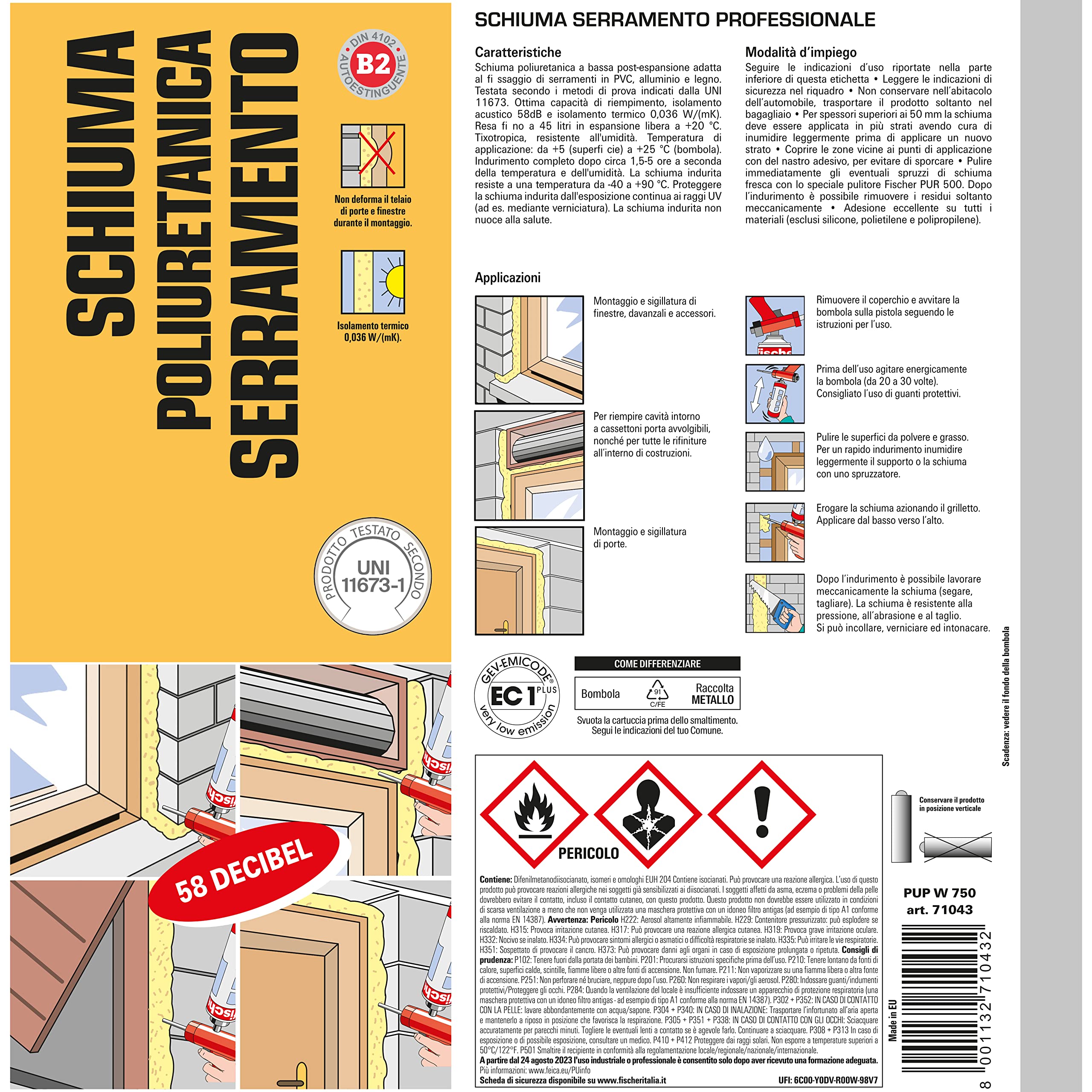 Fischer PUP W 750 schiuma serramenti pistola 750 ml