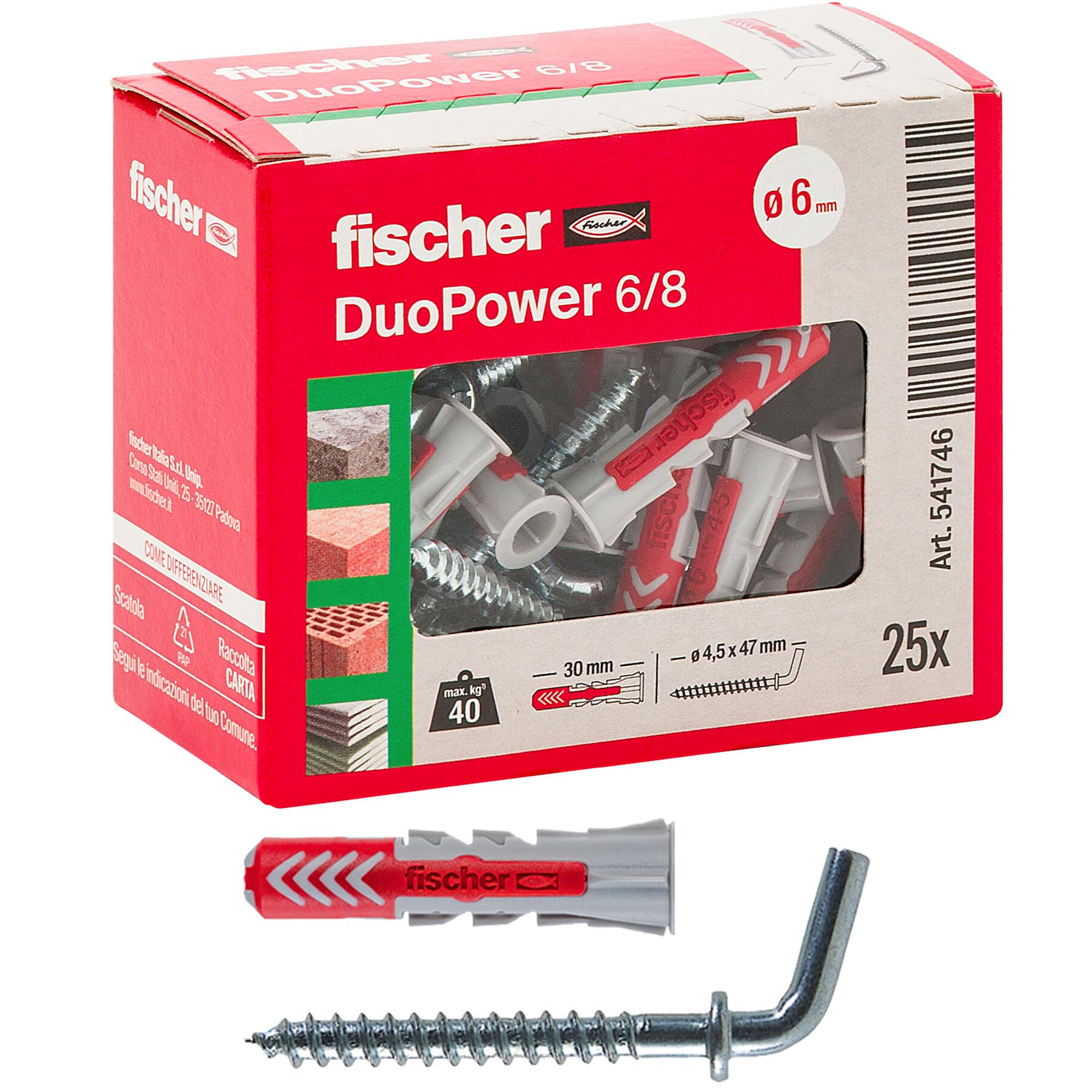 Fischer DuoPower 541746 tassello con gancio corto 6x30 25 pezzi