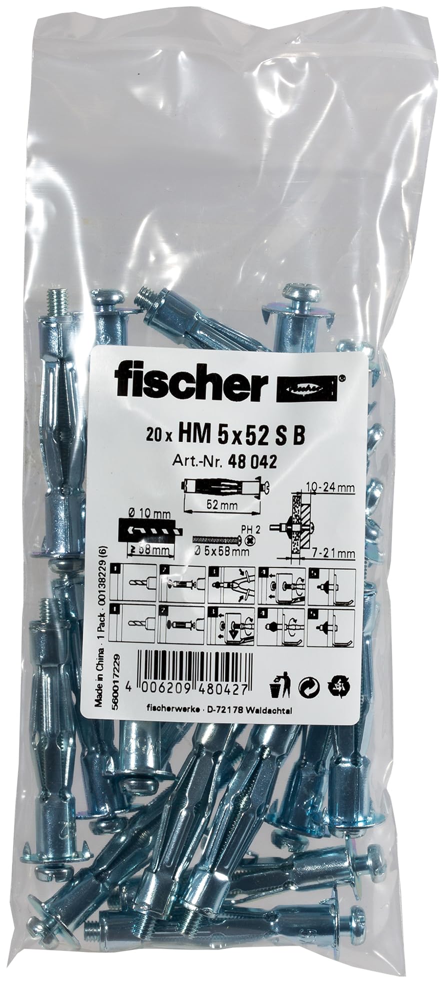 Fischer HM 5x52 S Tasselli Metallo 20 Pz Pannelli