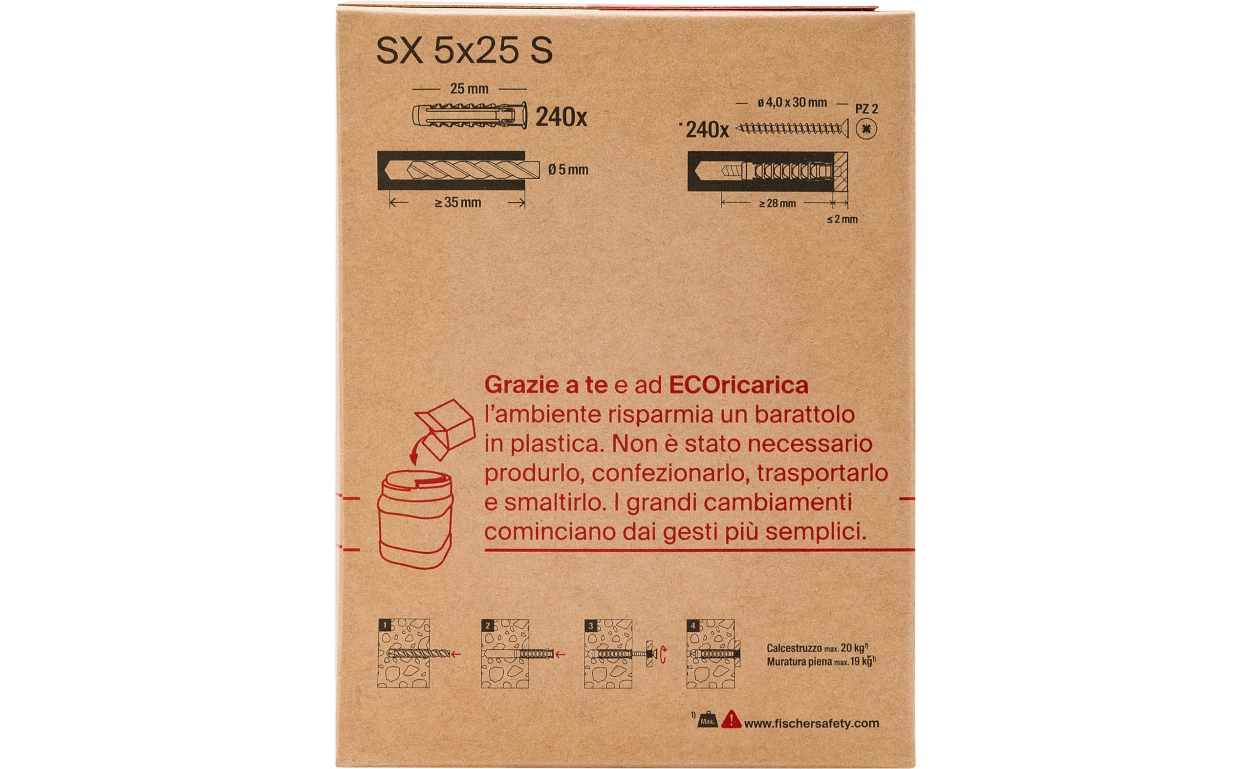 Fischer SX 5x25 S tasselli con vite Ecoricarica muratura