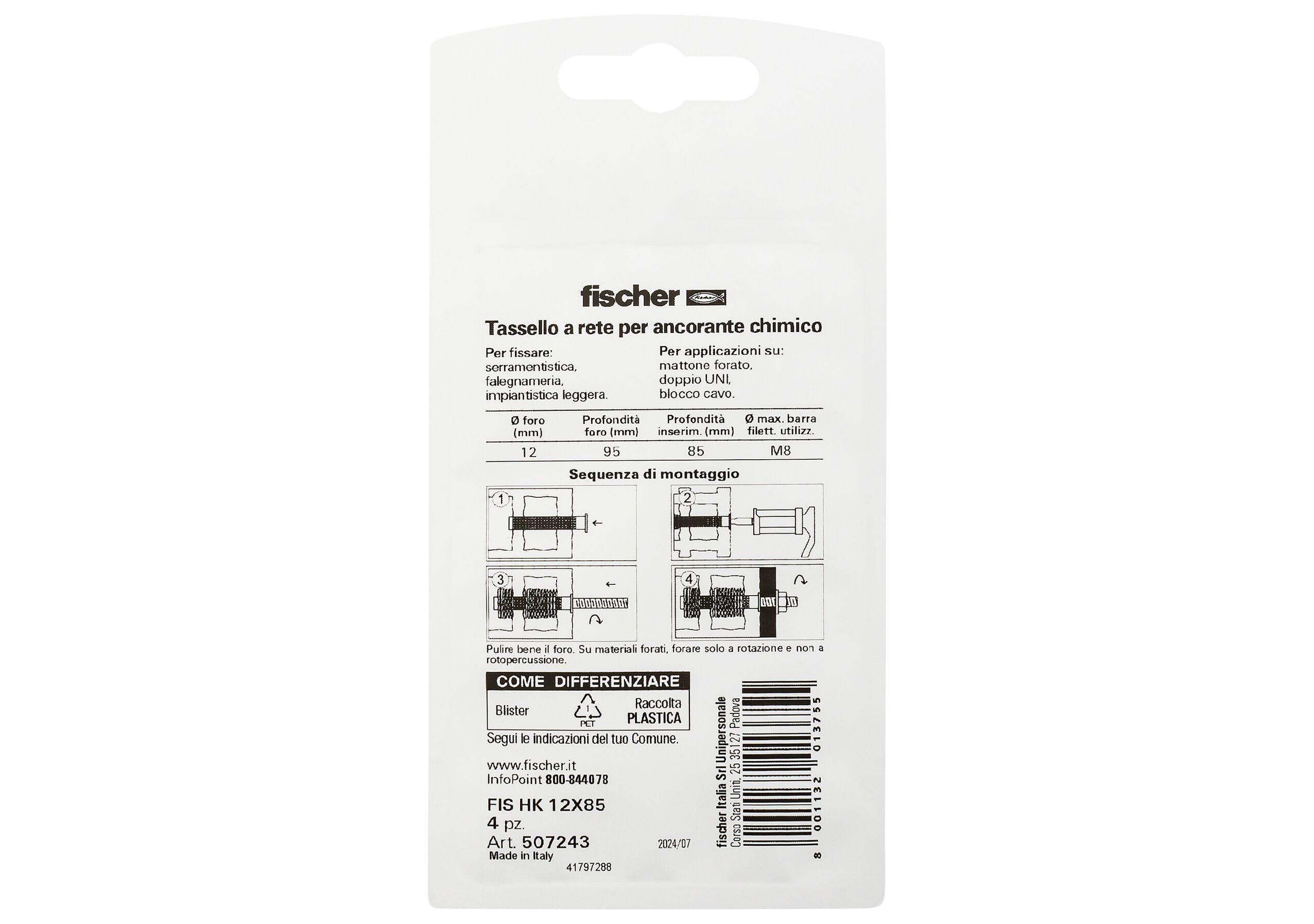 Fischer FIS HK 12x85 K tasselli a rete M6-M8 4 pezzi